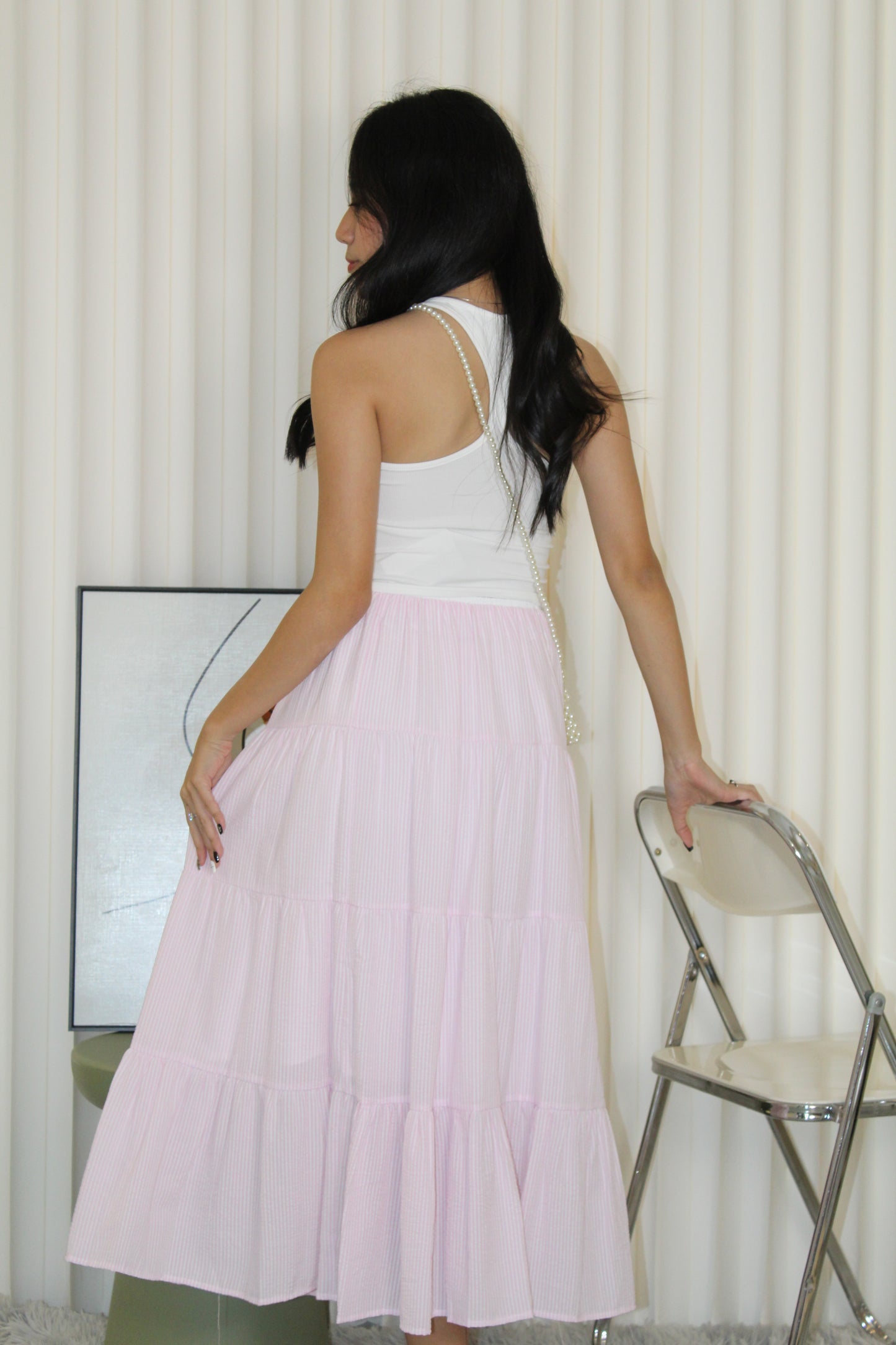 Skylar Stripes Layered Midi Skirt (Pink)