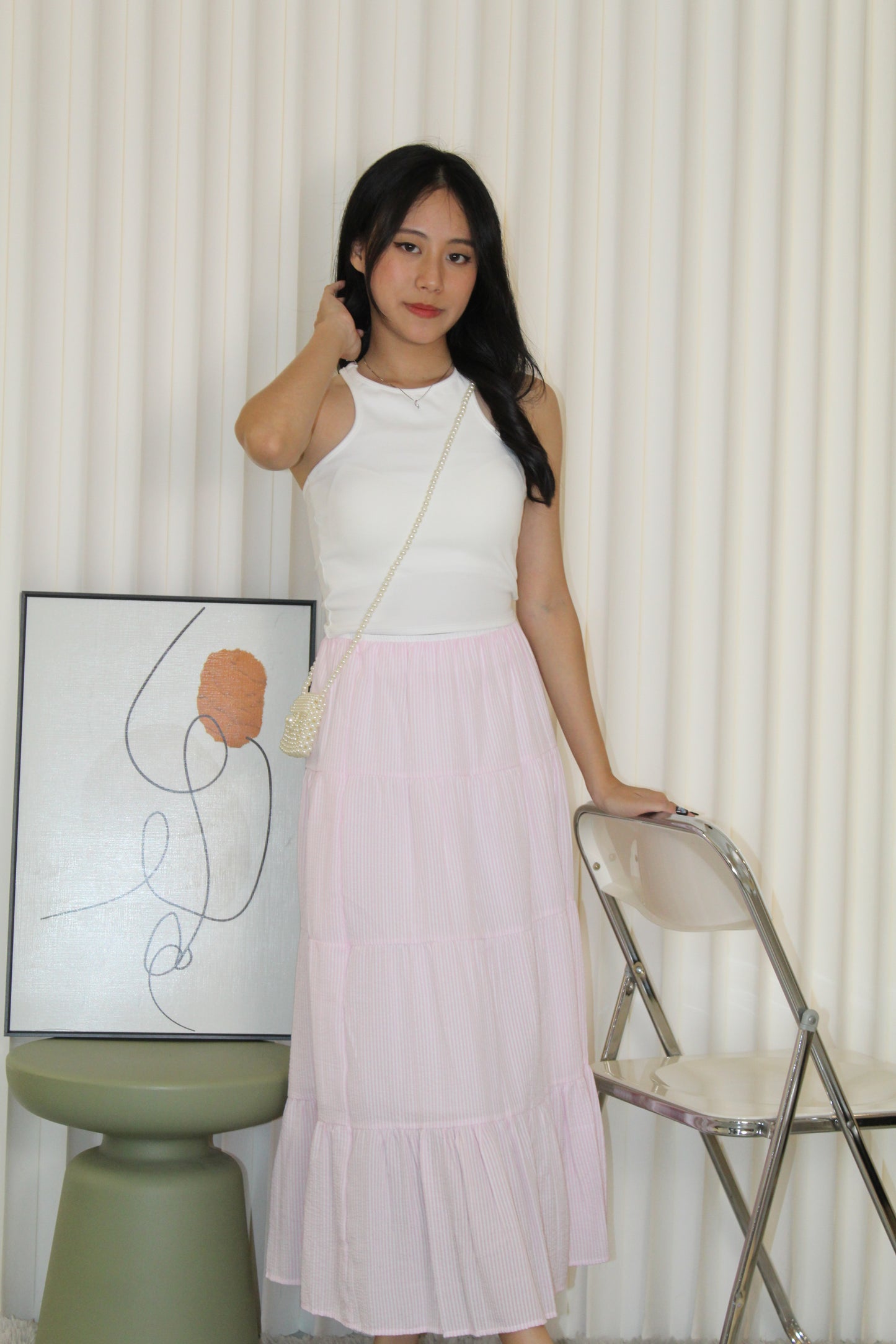 Skylar Stripes Layered Midi Skirt (Pink)