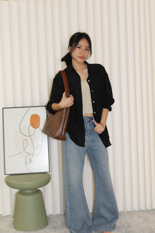 Joy Button Up Blouse Top (Black)