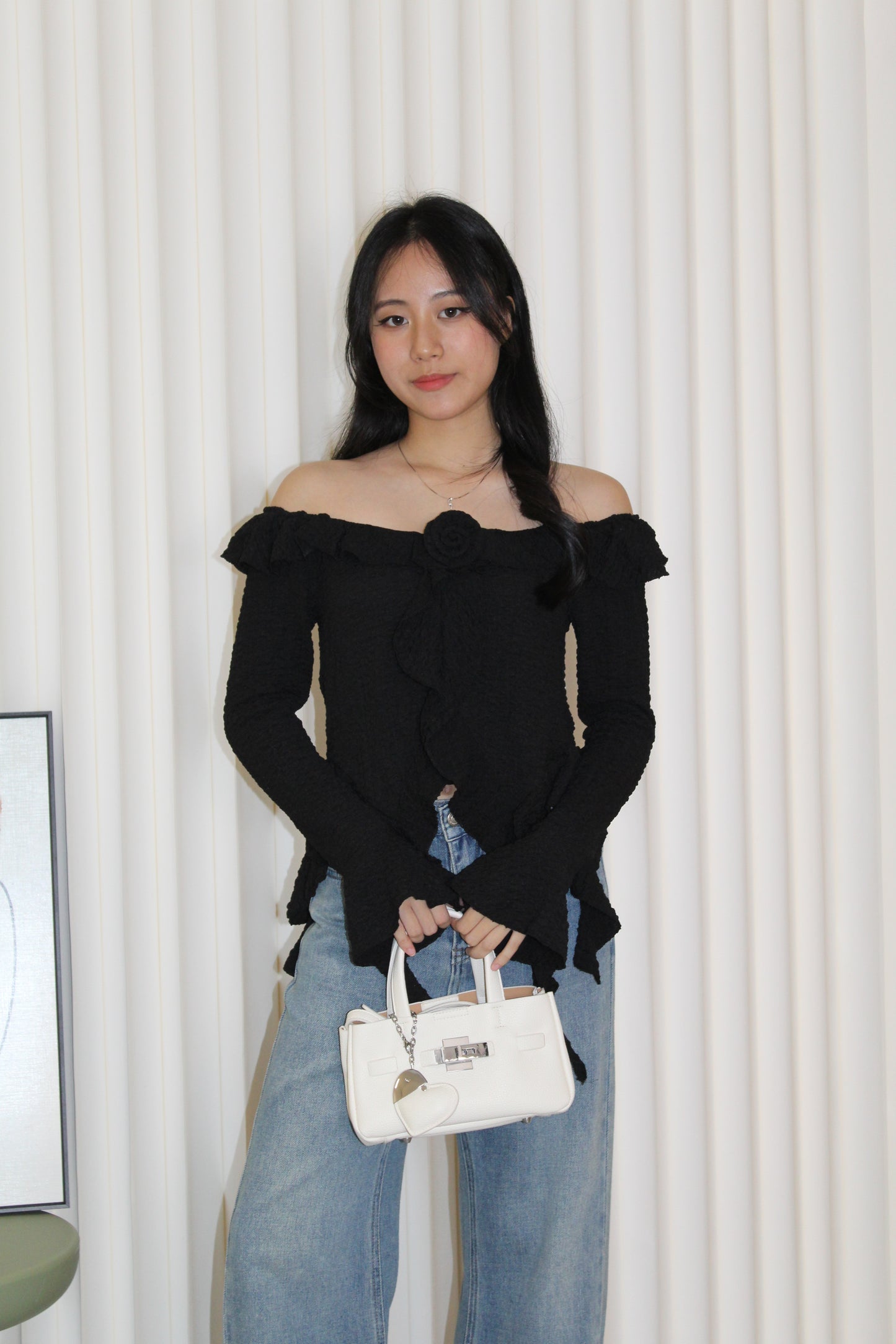 Quincy Textured Ruffle Top (Black)