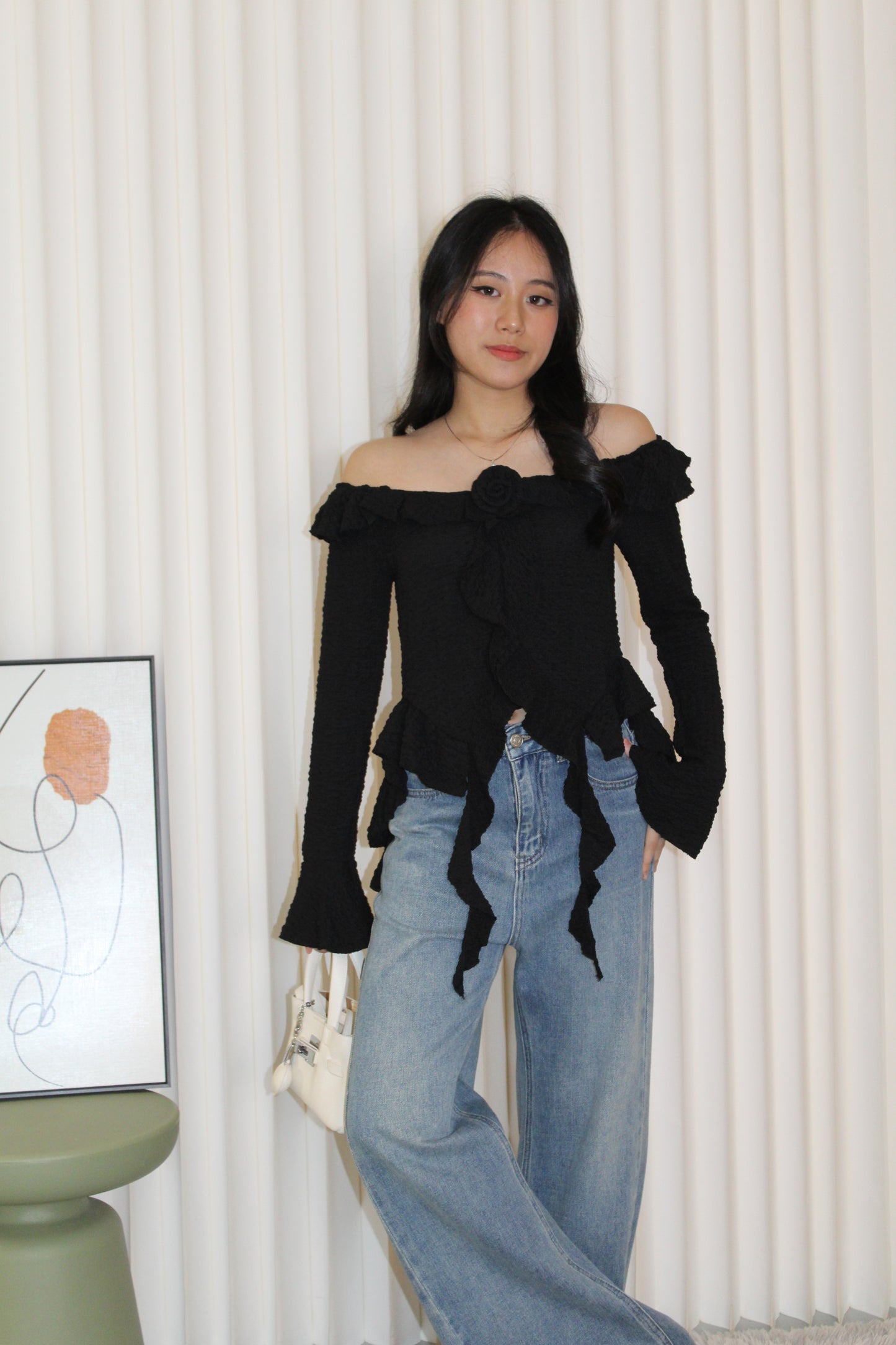 Quincy Textured Ruffle Top (Black)