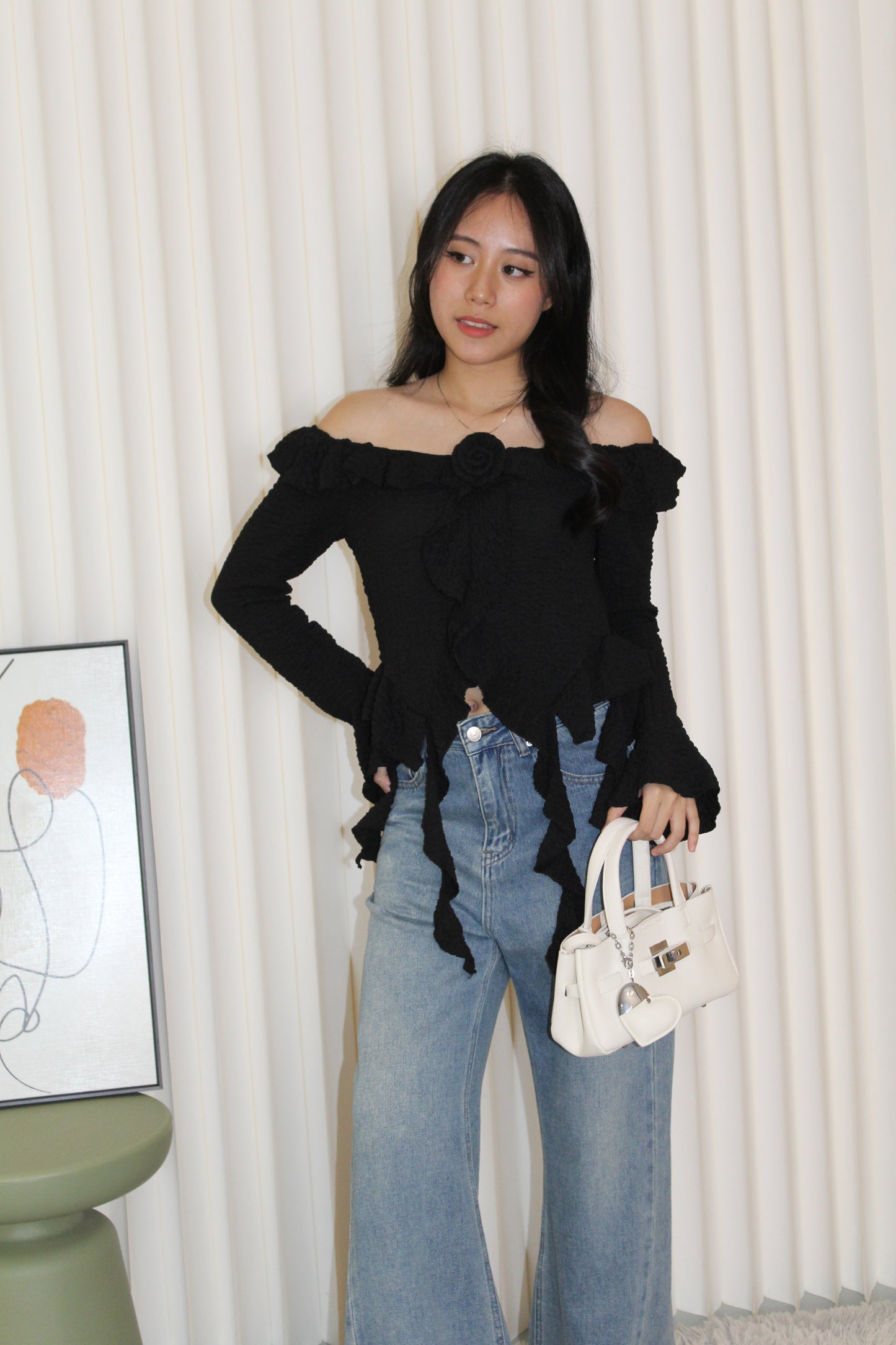 Quincy Textured Ruffle Top (Black)