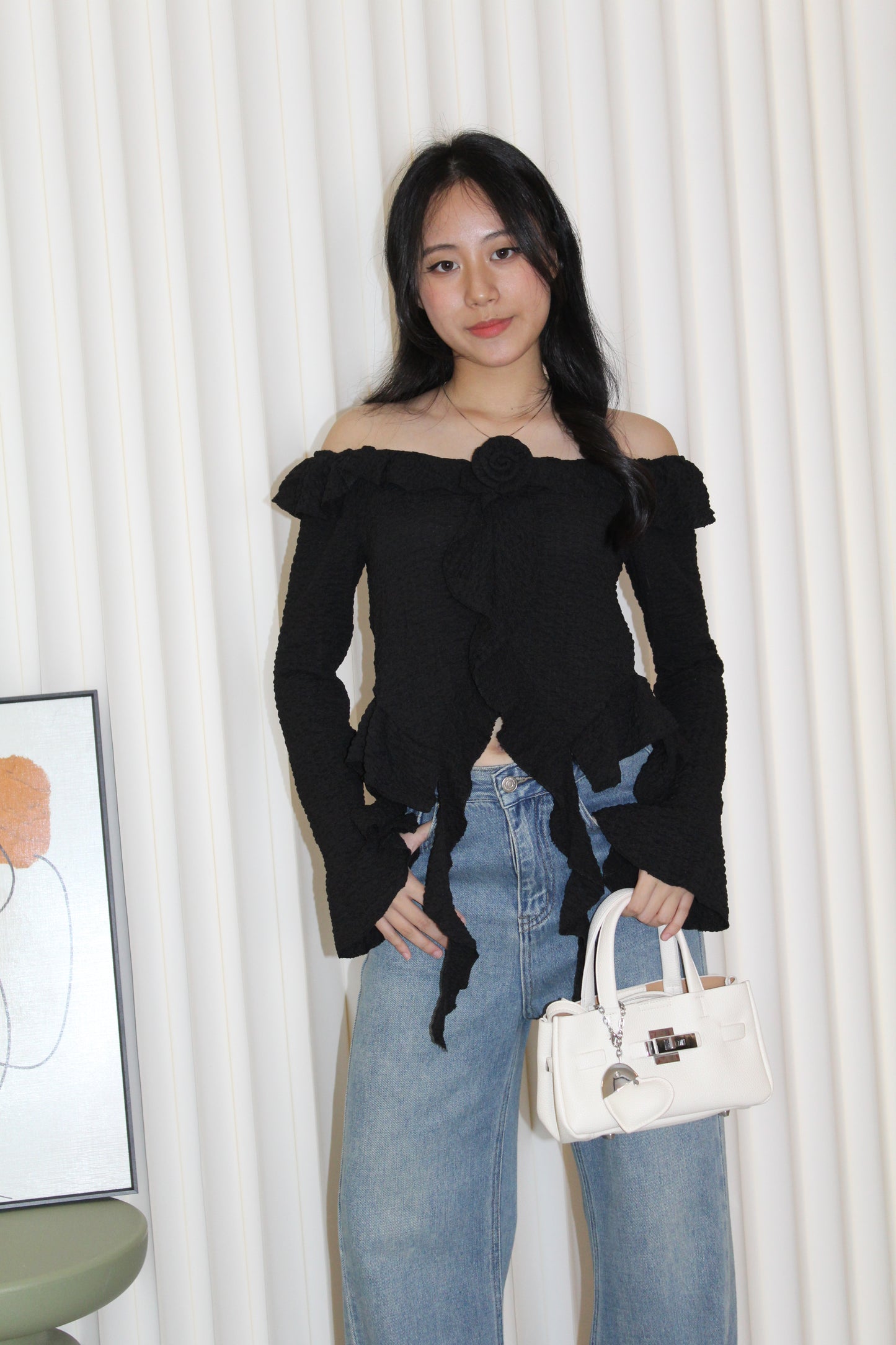 Quincy Textured Ruffle Top (Black)