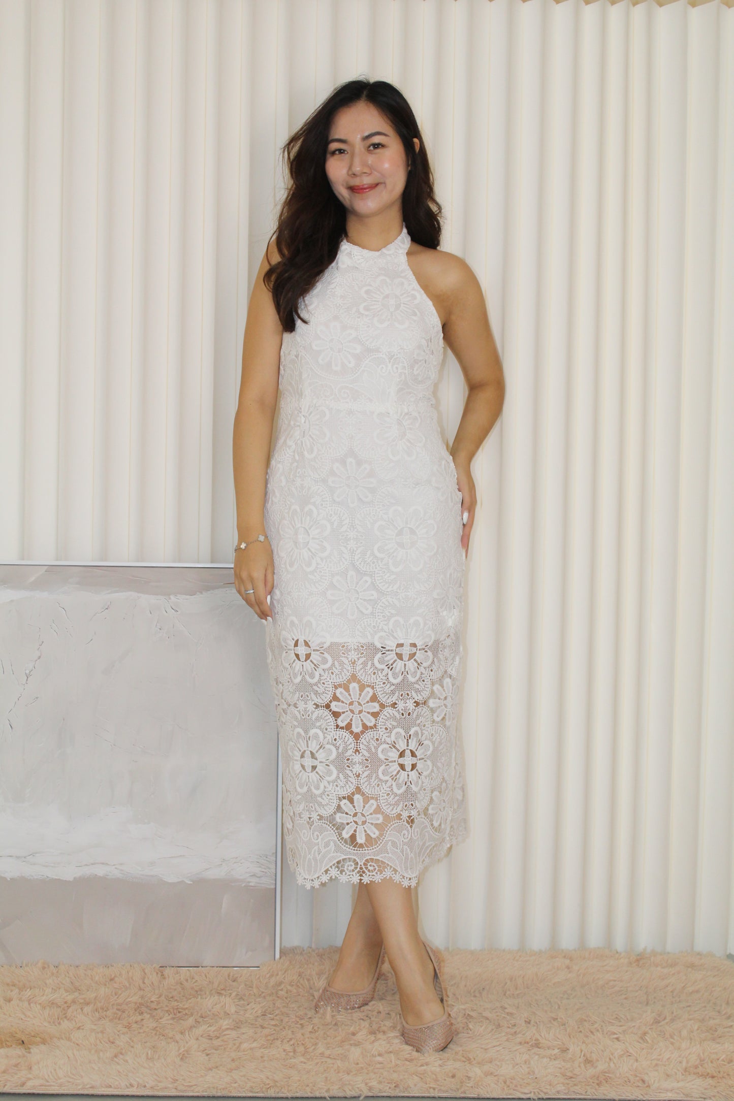 Zahra Halter Eyelet Midaxi Dress (White)