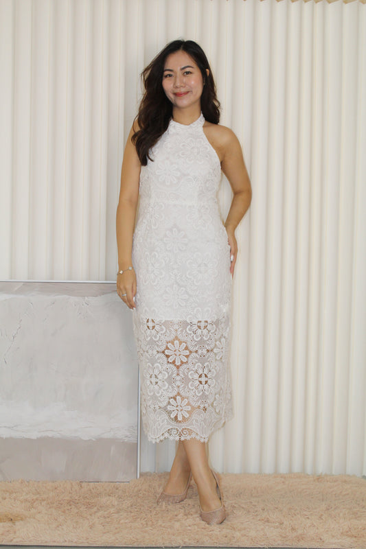 Zahra Halter Eyelet Midaxi Dress (White)