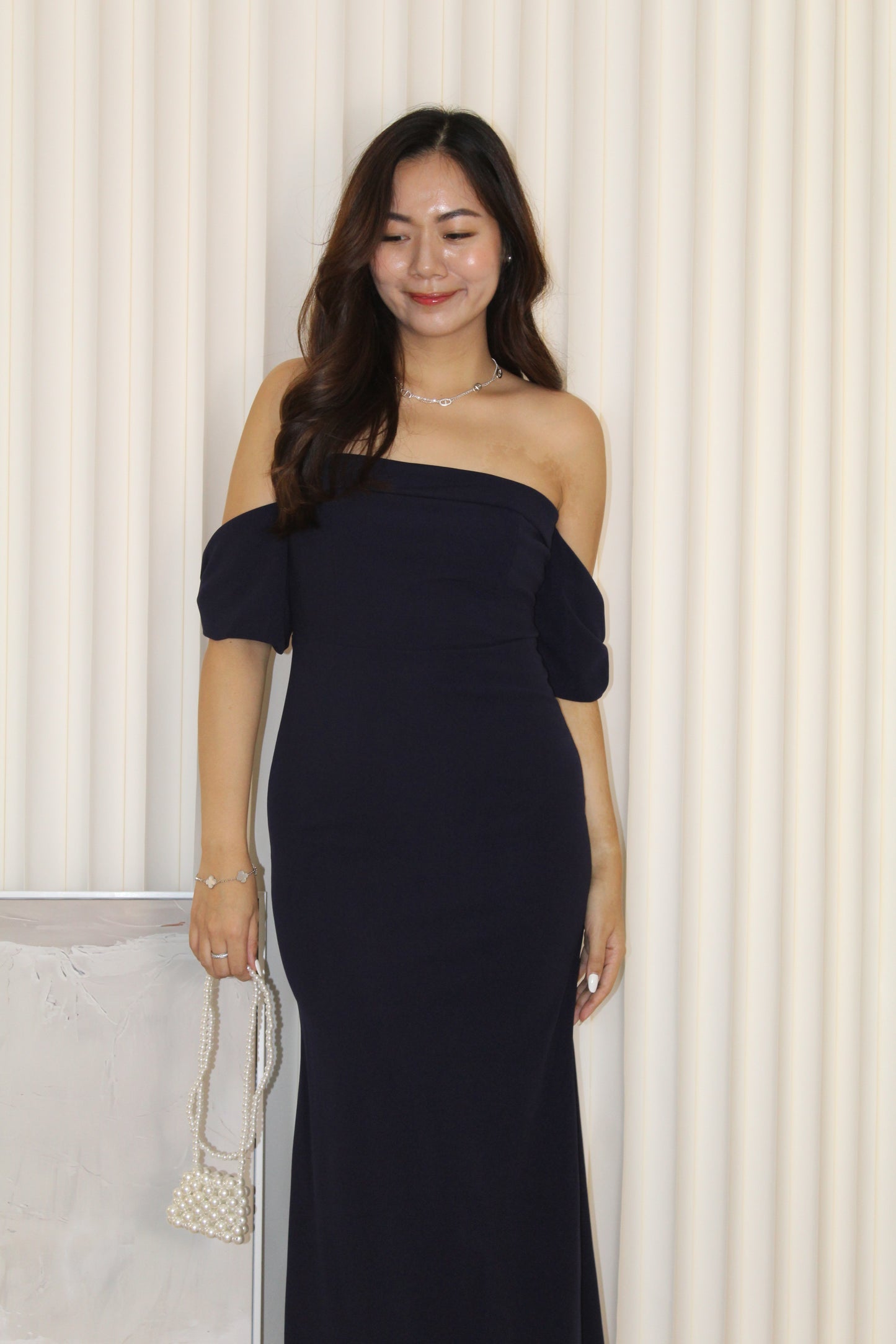 Gracie Off Shoulder Fish Tail Midaxi Dress (Blue)