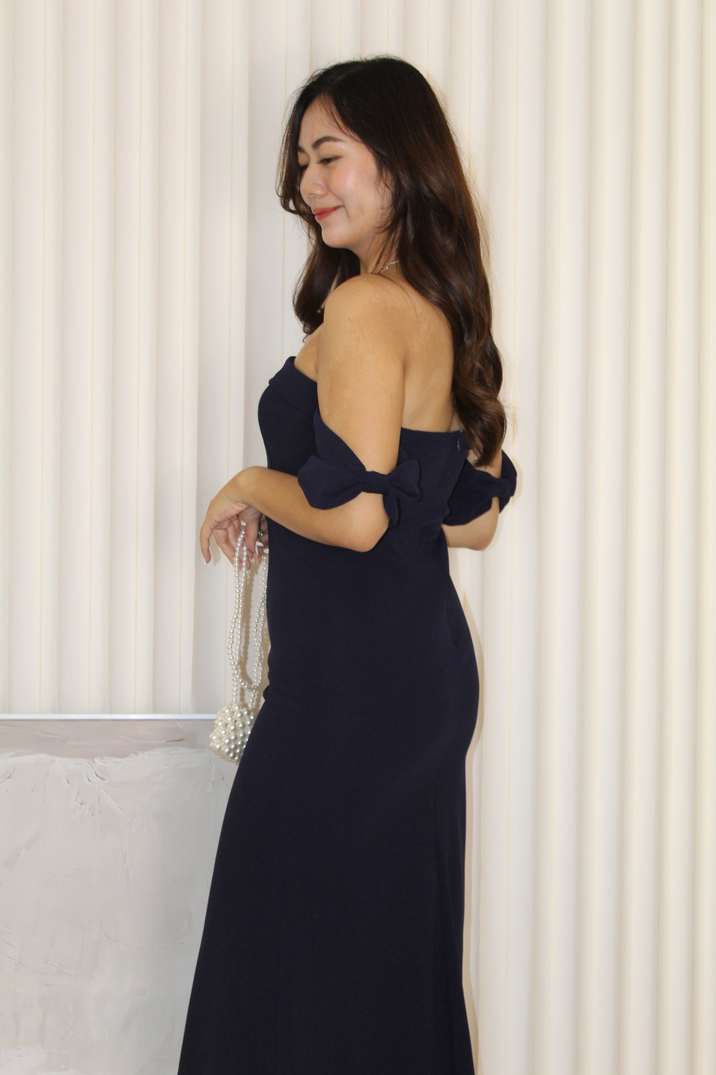 Gracie Off Shoulder Fish Tail Midaxi Dress (Blue)