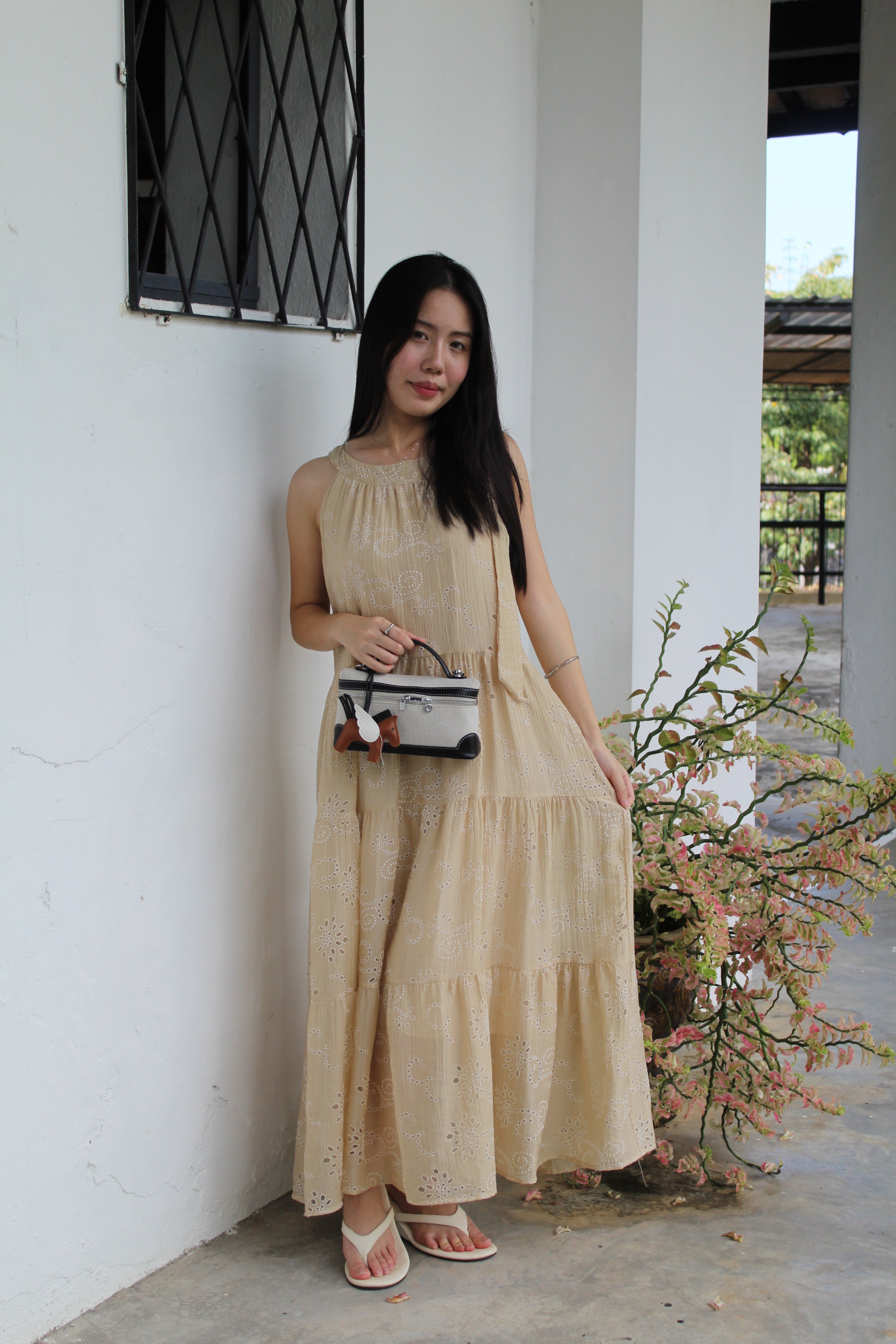 Harper Broderie Layered Maxi Dress (Khaki)