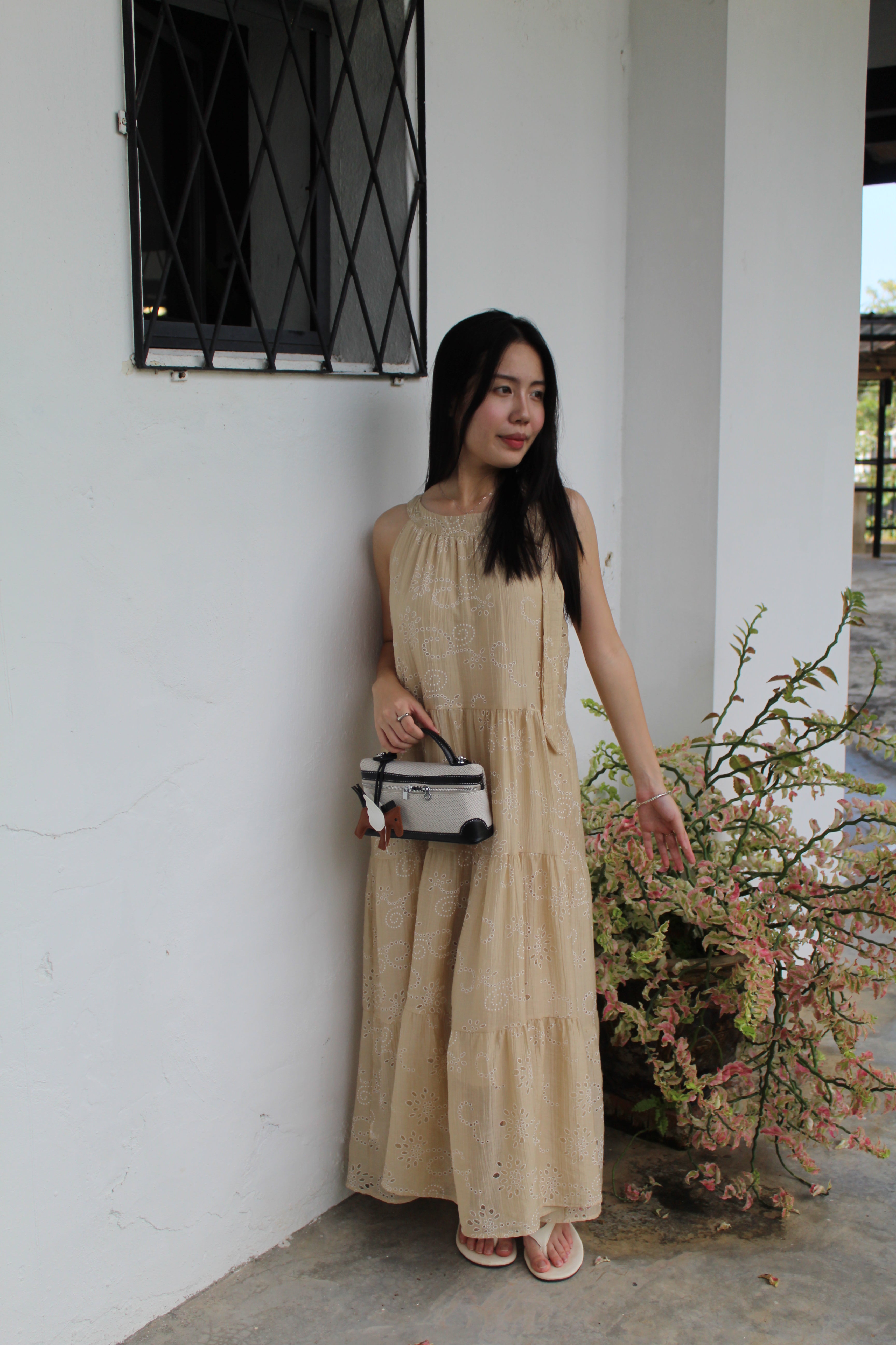 Harper Broderie Layered Maxi Dress (Khaki)