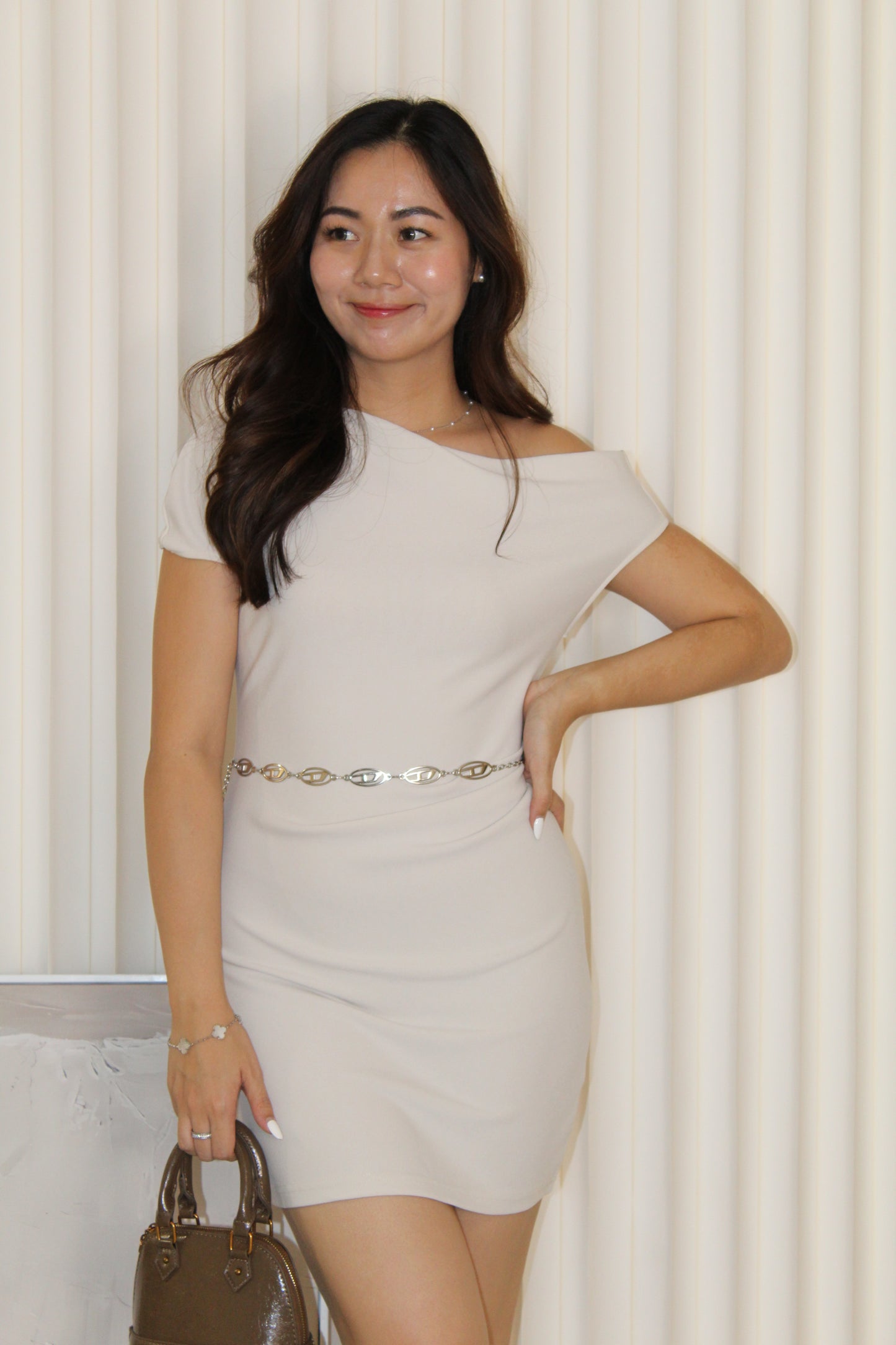 Molly Asymmetric Mini Dress (Cream)