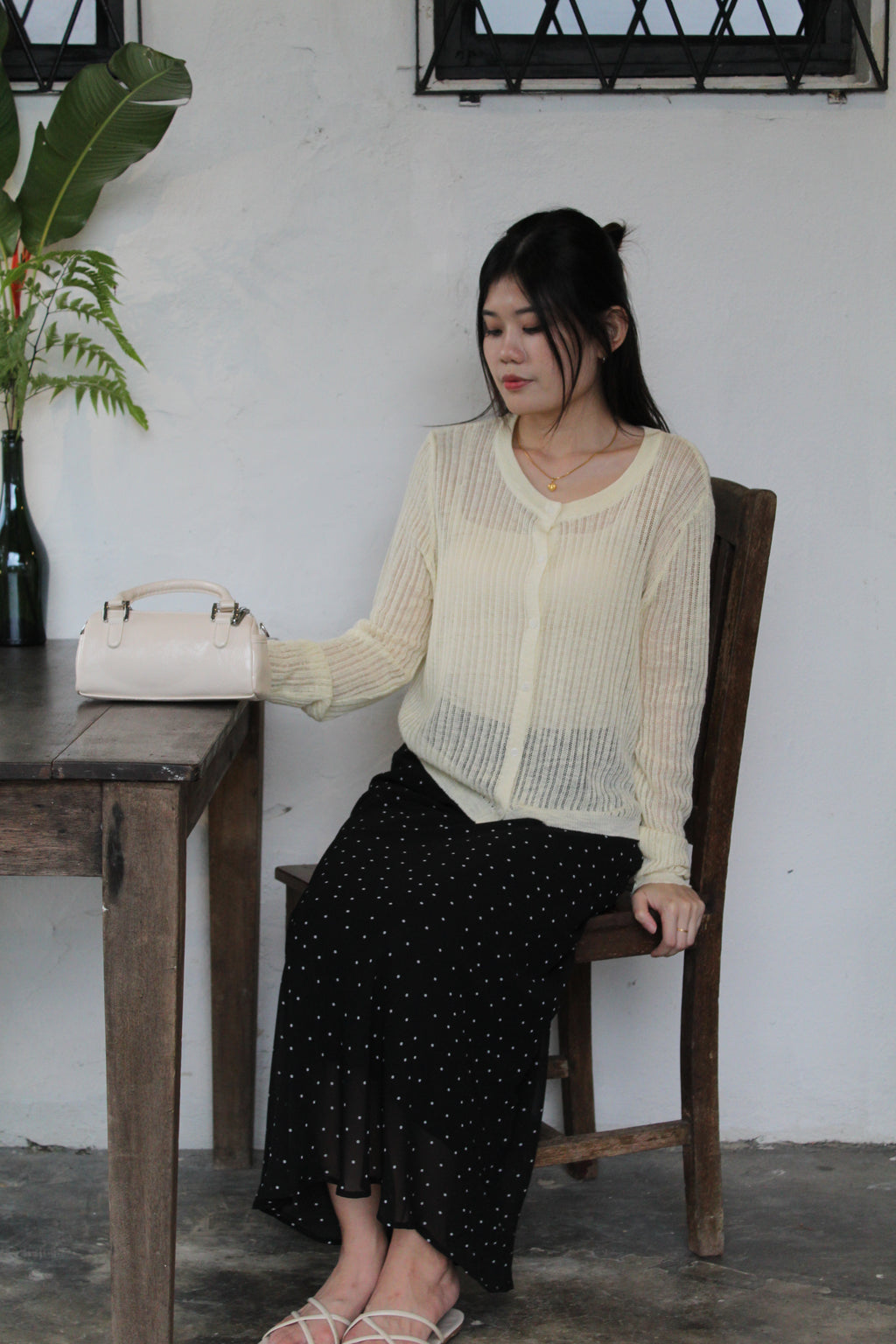 Jasmine Button Sheer Knit Top (Cream)