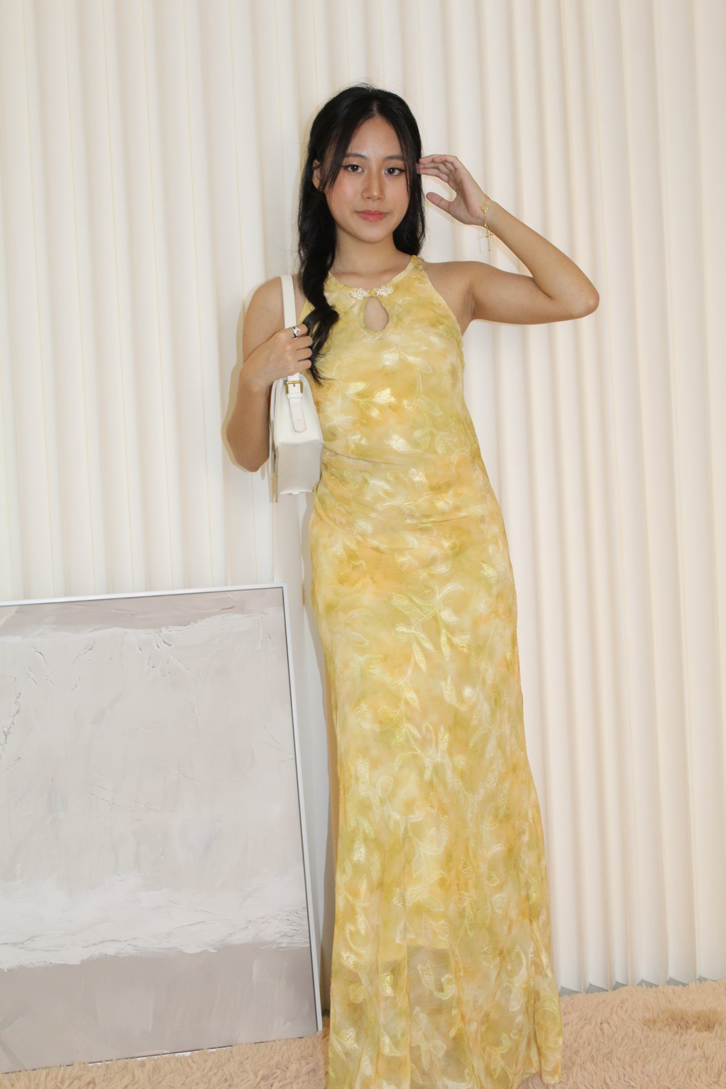 Mona Chiffon Cheongsam Maxi Dress (Yellow)