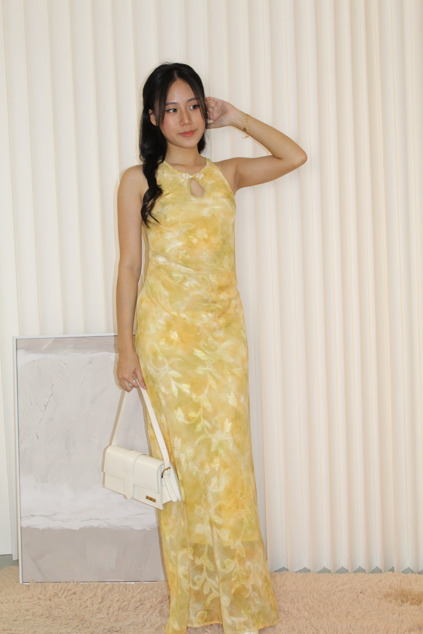 Mona Chiffon Cheongsam Maxi Dress (Yellow)