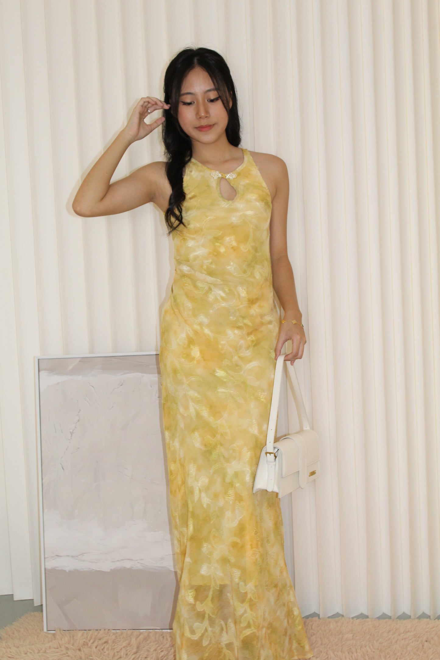 Mona Chiffon Cheongsam Maxi Dress (Yellow)