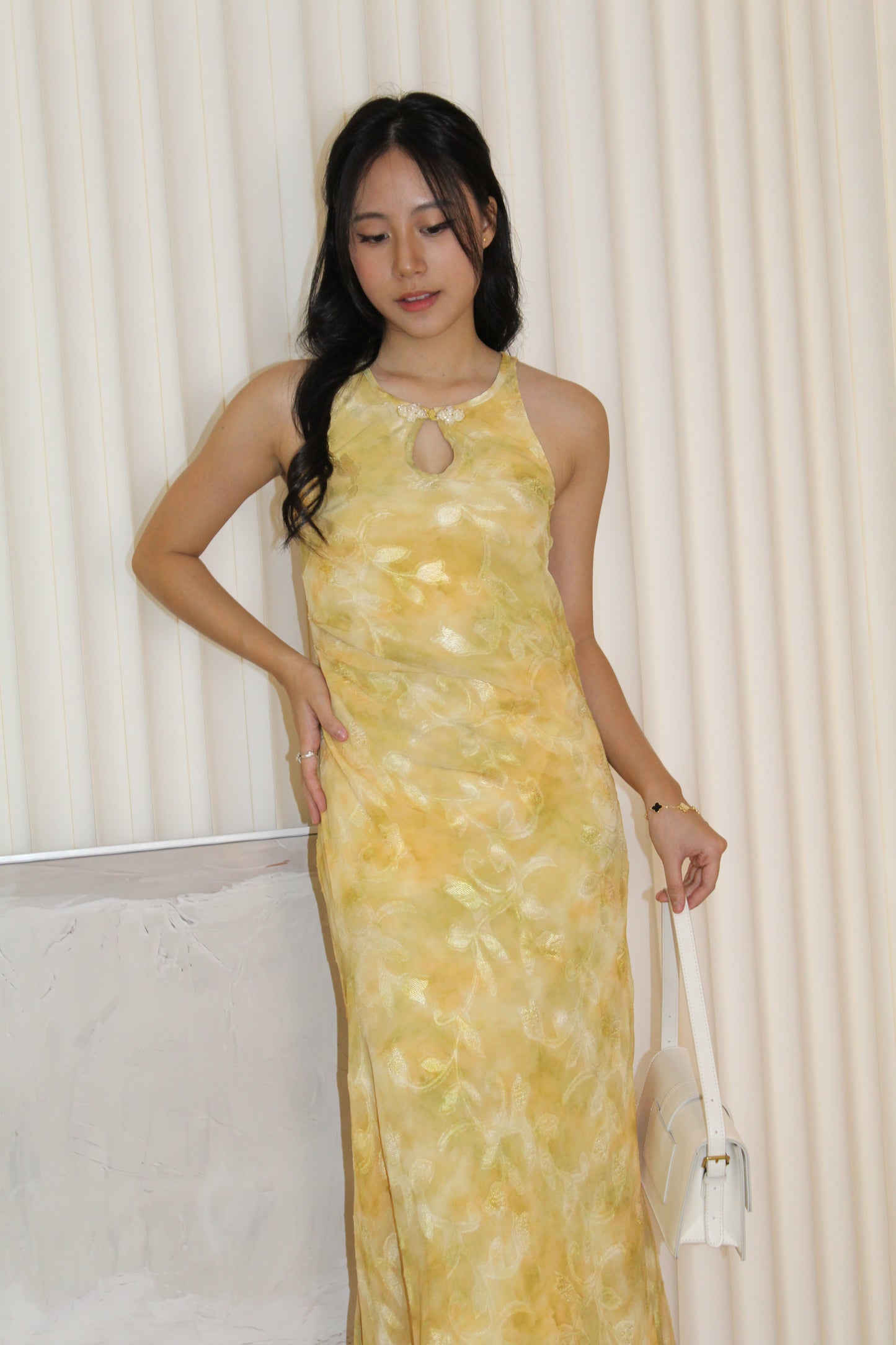 Mona Chiffon Cheongsam Maxi Dress (Yellow)