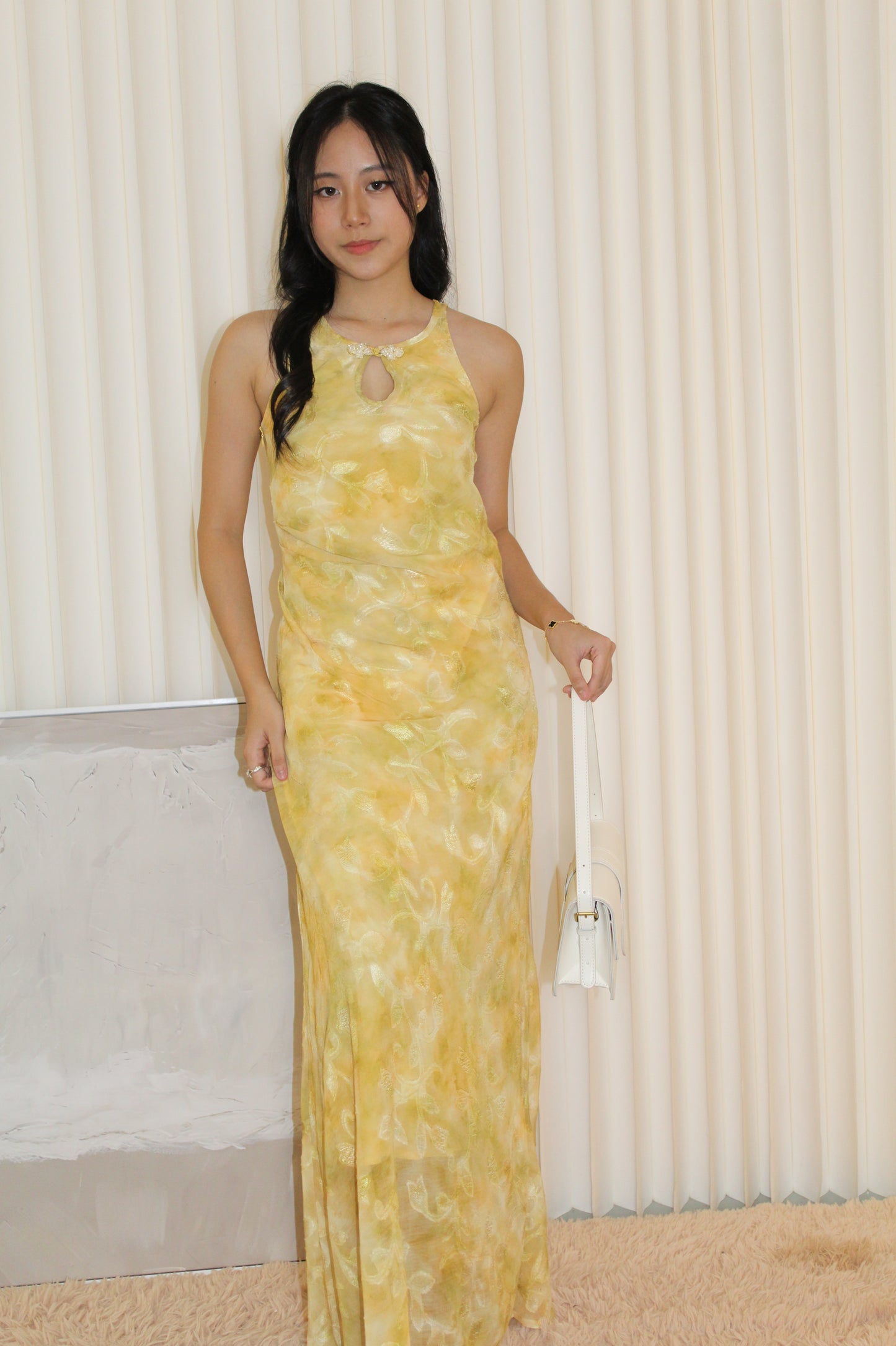 Mona Chiffon Cheongsam Maxi Dress (Yellow)