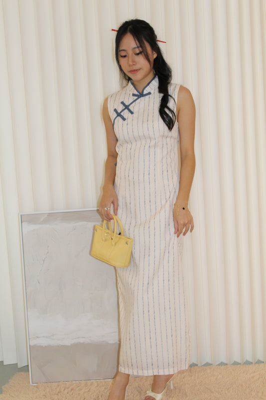 Tianny Stripes Cheongsam Maxi Dress (Cream)