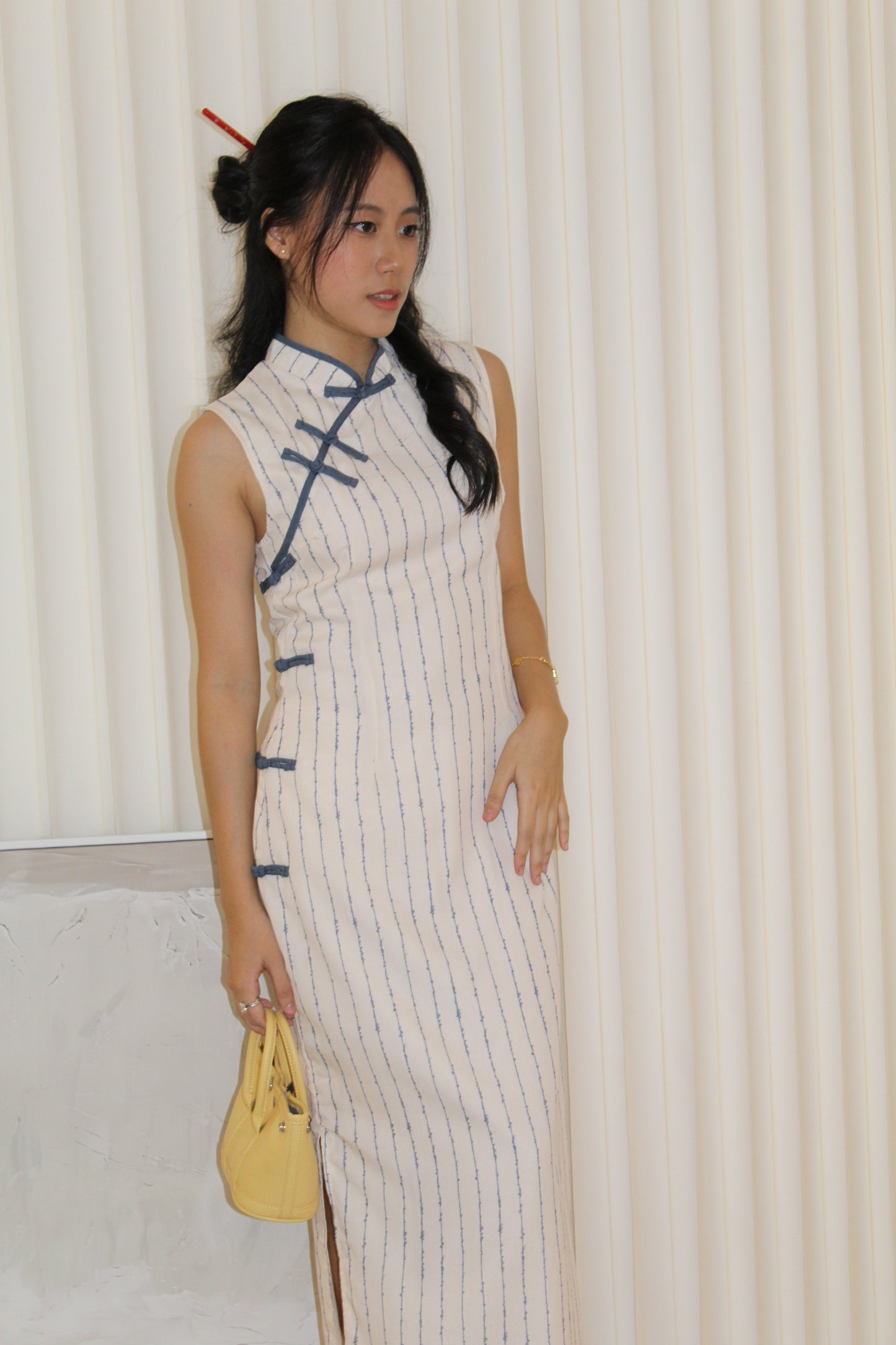 Tianny Stripes Cheongsam Maxi Dress (Cream)