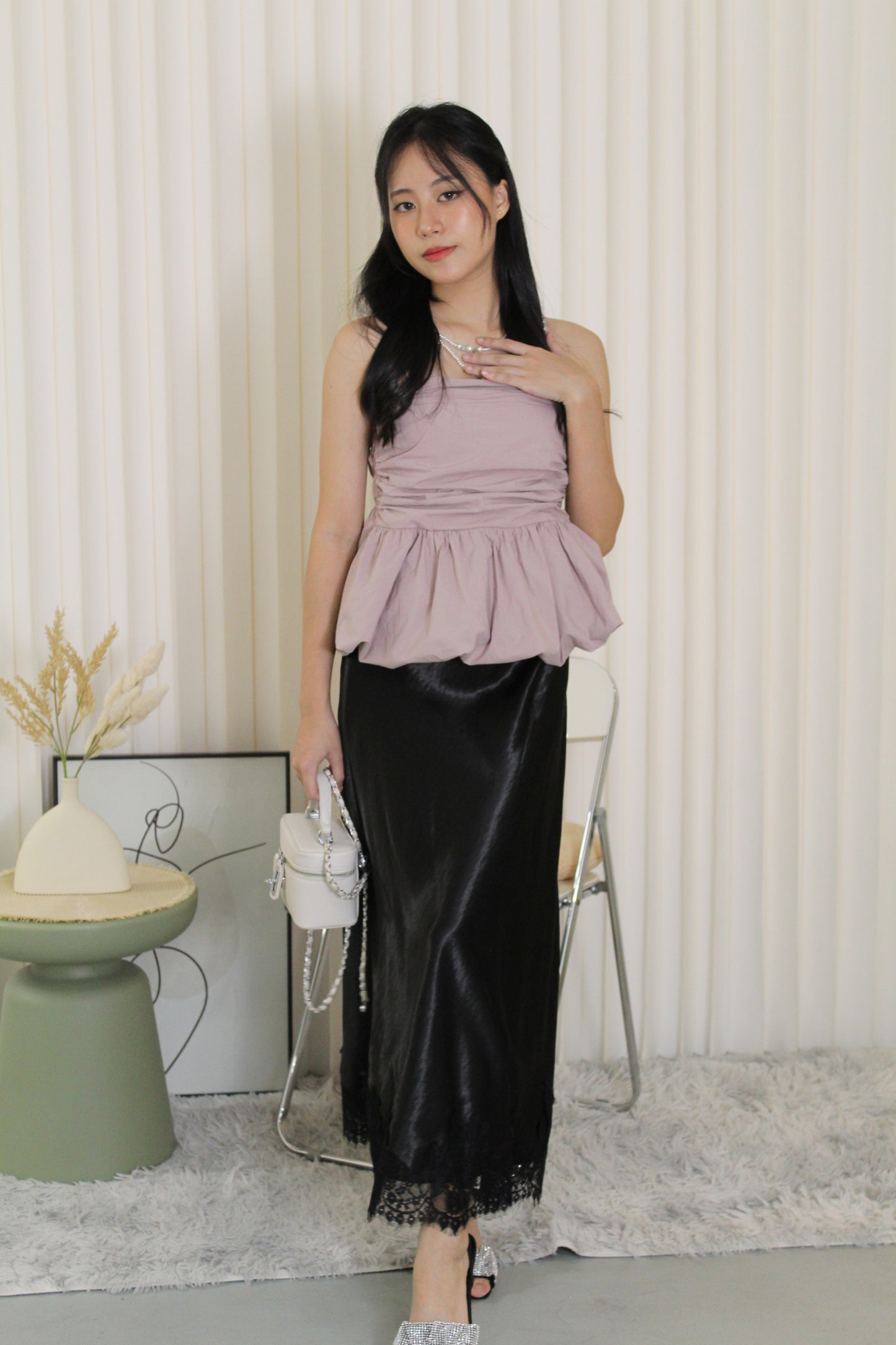 Tessa Lace Satin Maxi Skirt (Black)