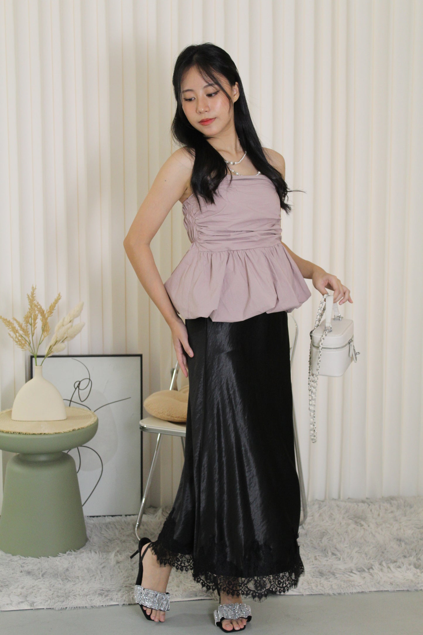 Tessa Lace Satin Maxi Skirt (Black)