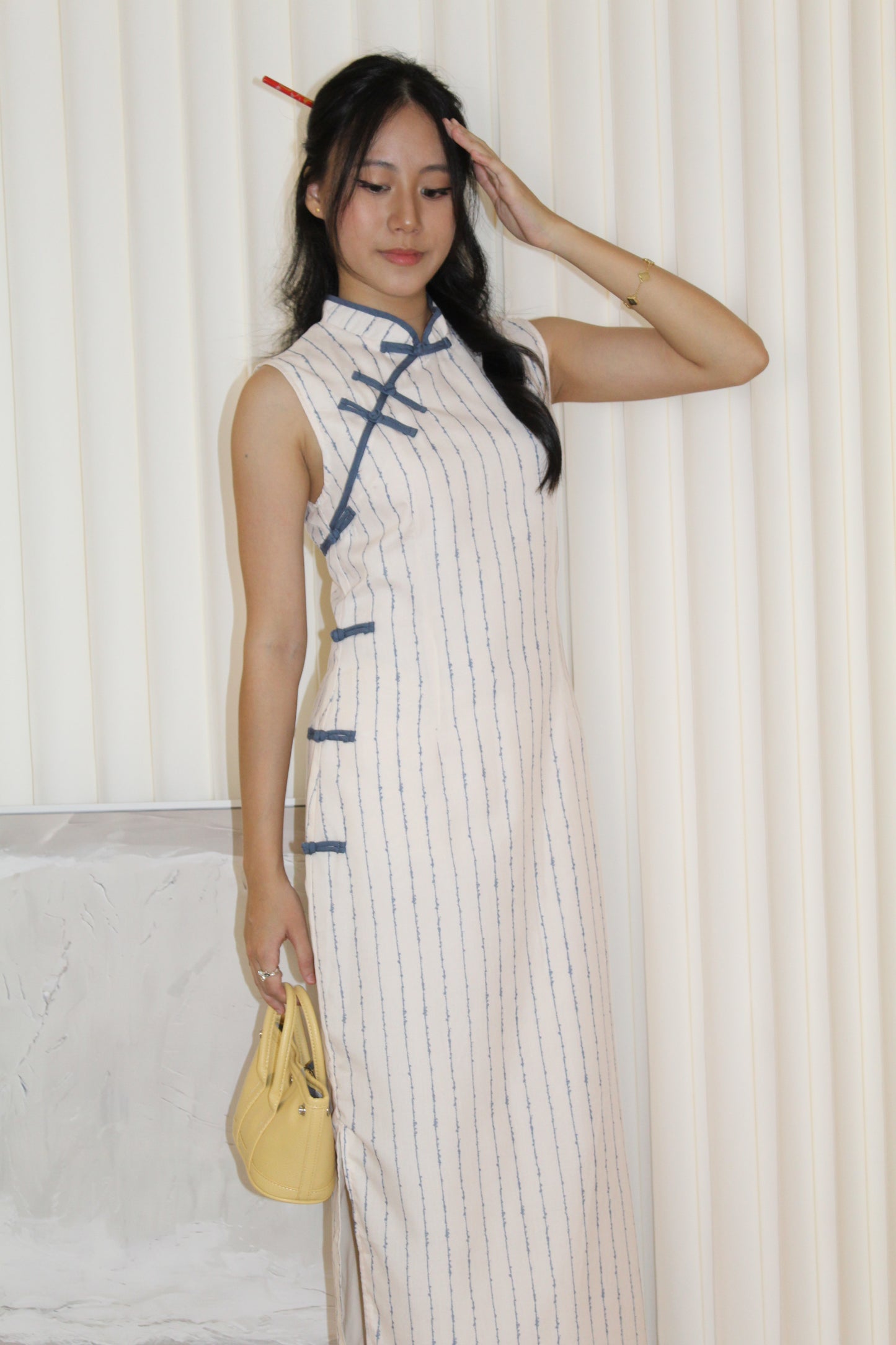 Tianny Stripes Cheongsam Maxi Dress (Cream)