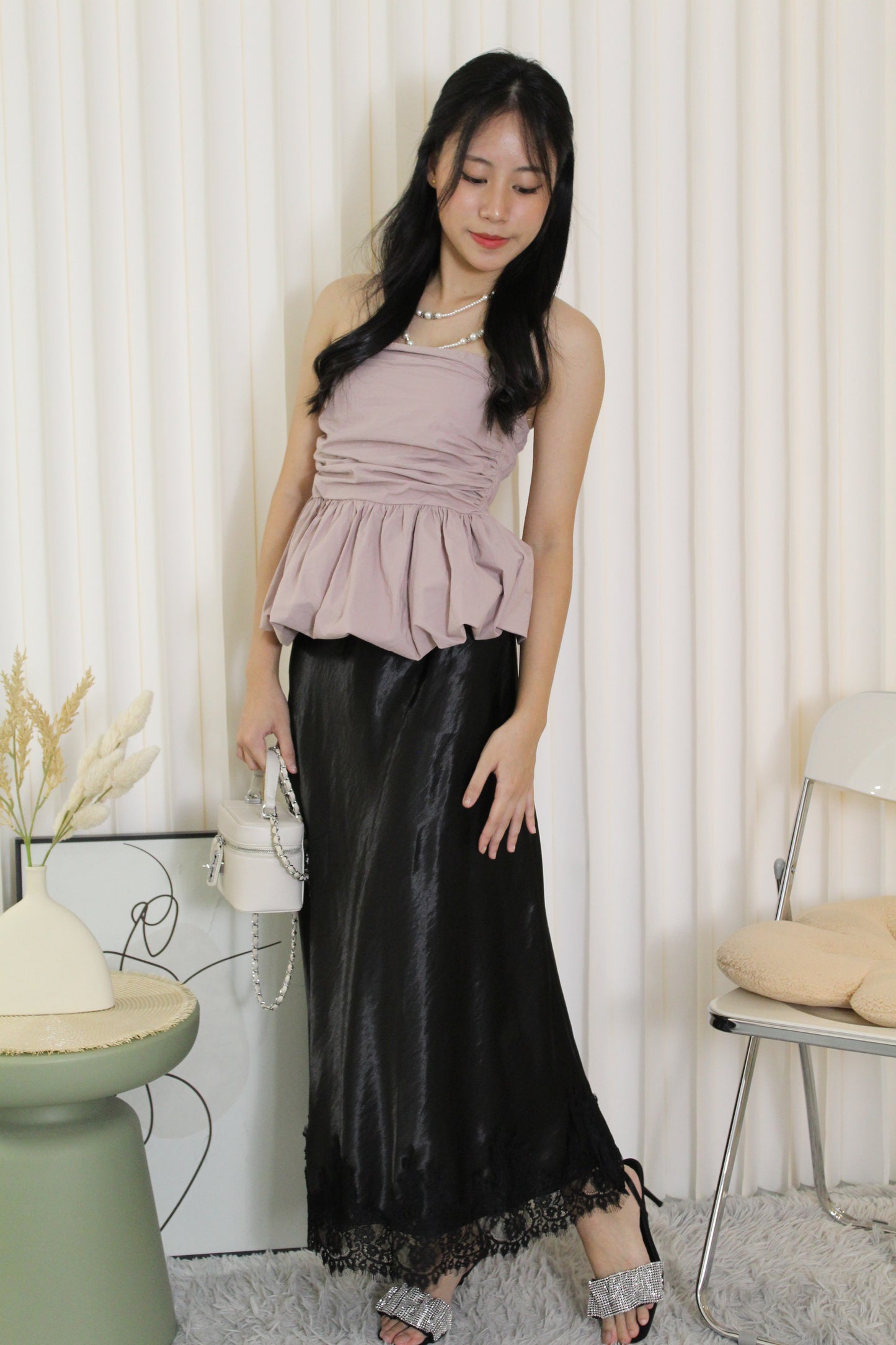 Tessa Lace Satin Maxi Skirt (Black)