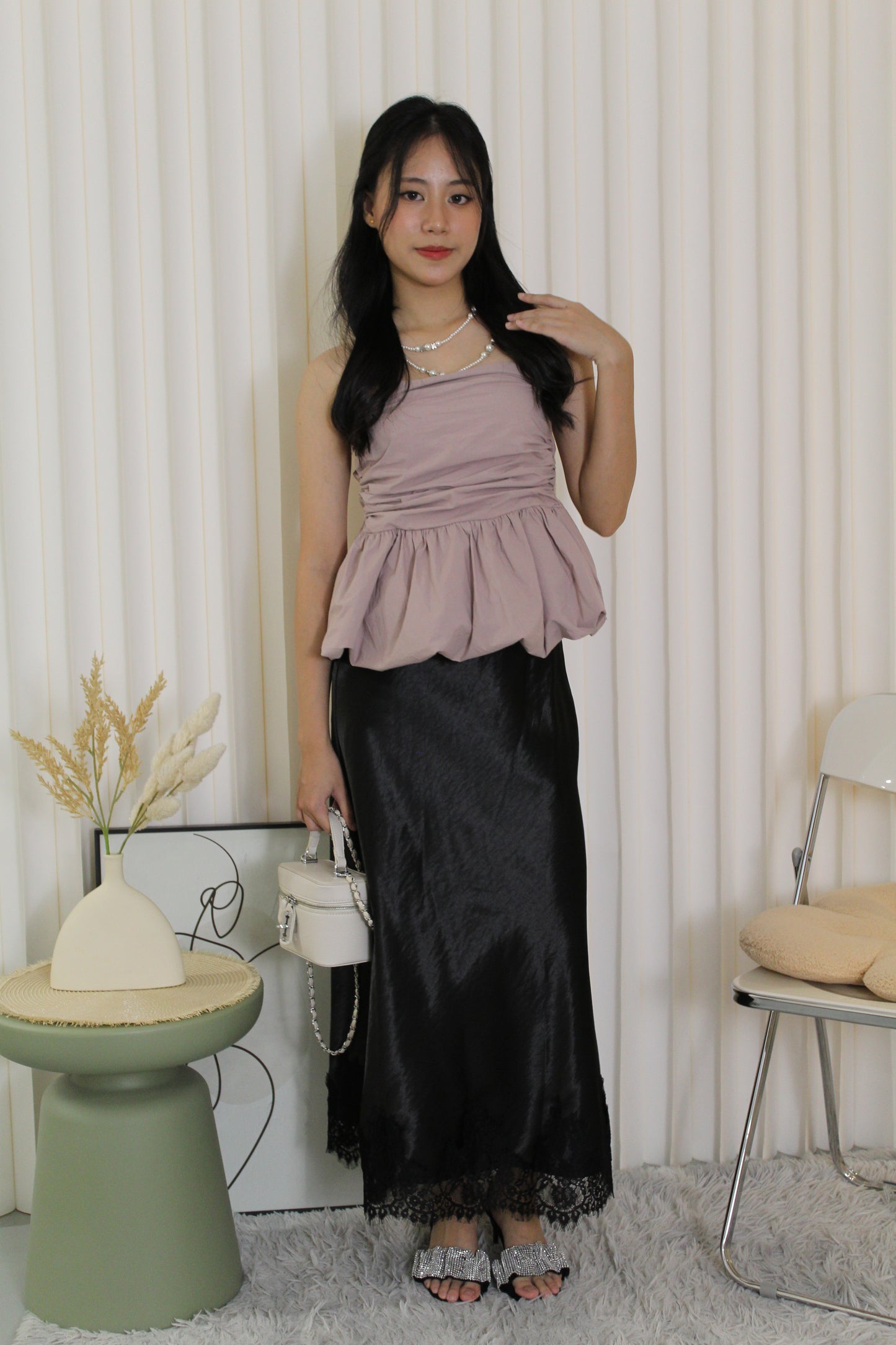 Tessa Lace Satin Maxi Skirt (Black)