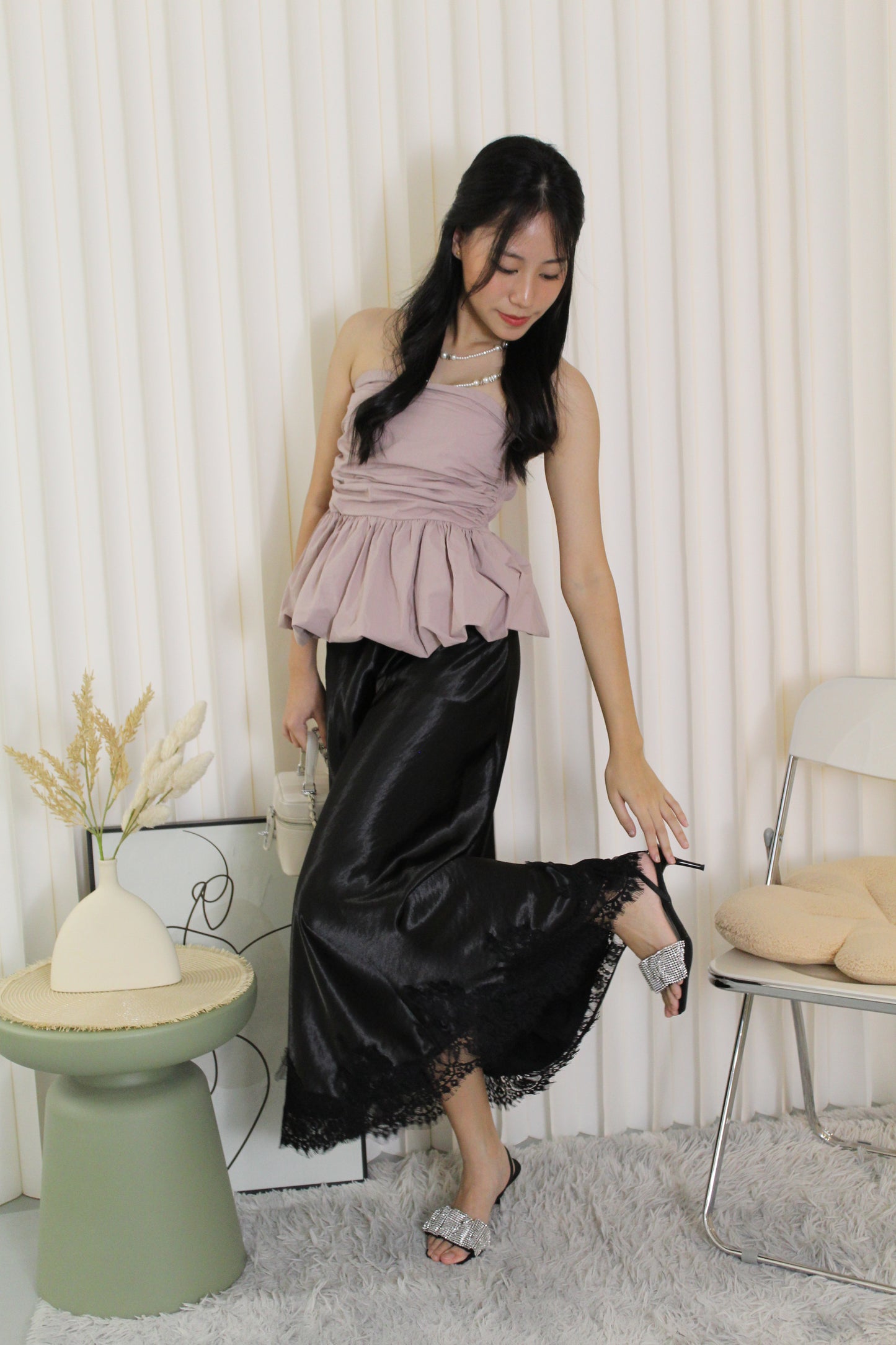 Tessa Lace Satin Maxi Skirt (Black)