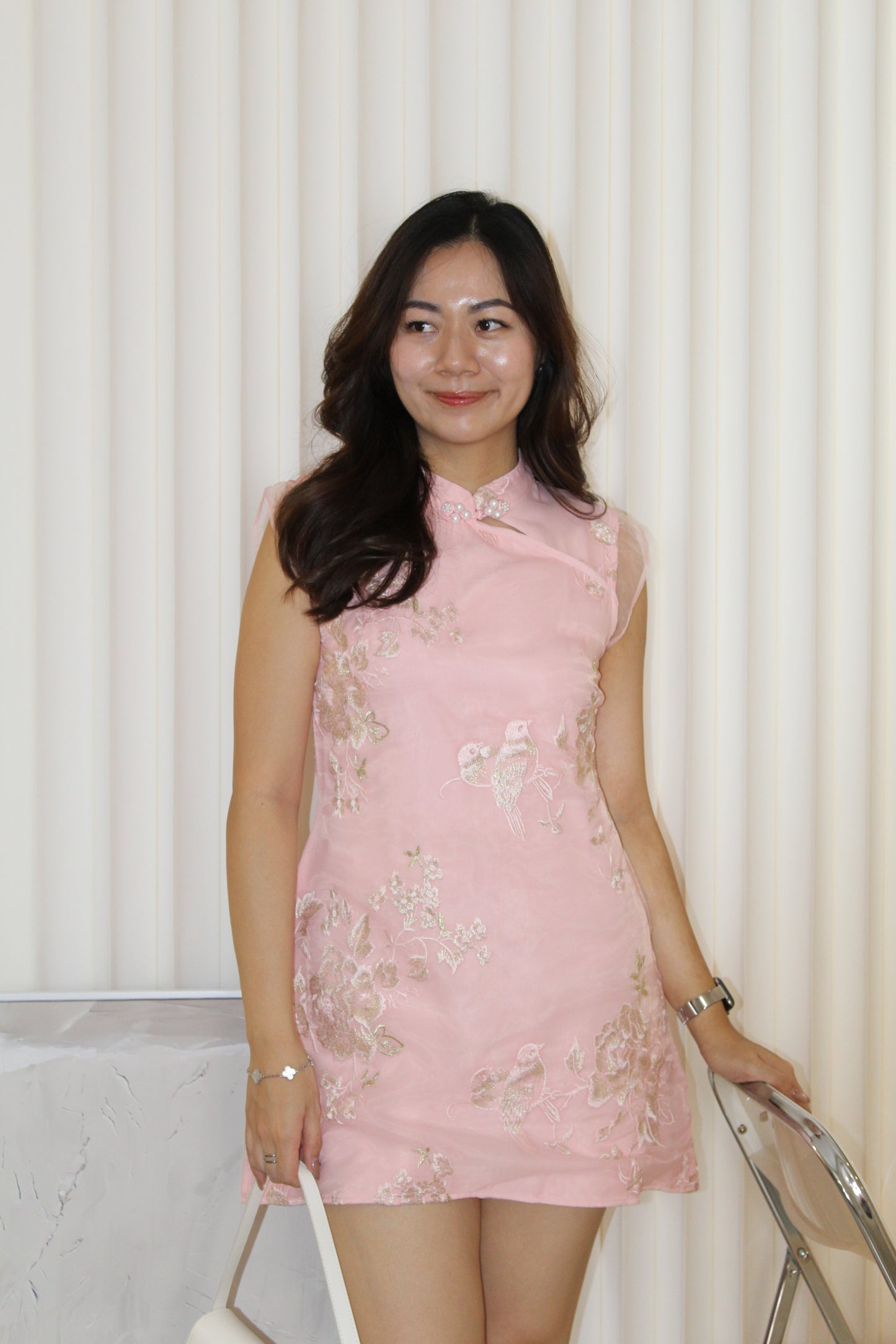 Celeste Embroidered Cheongsam Mini Dress (Pink)