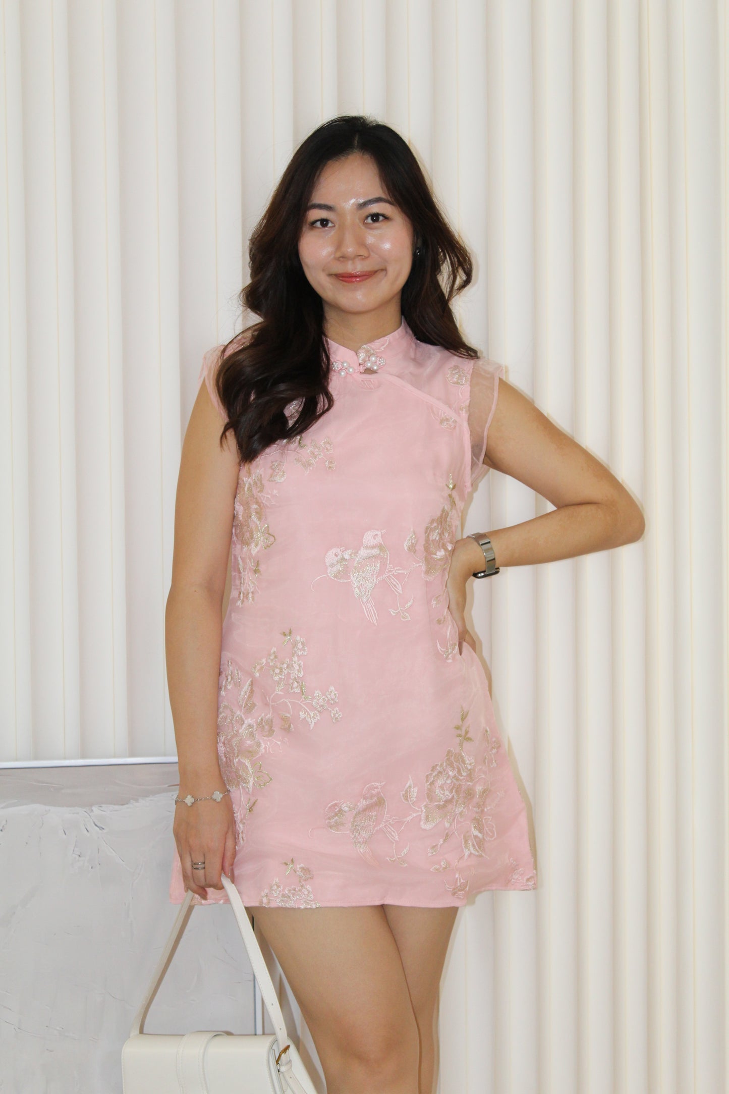 Celeste Embroidered Cheongsam Mini Dress (Pink)