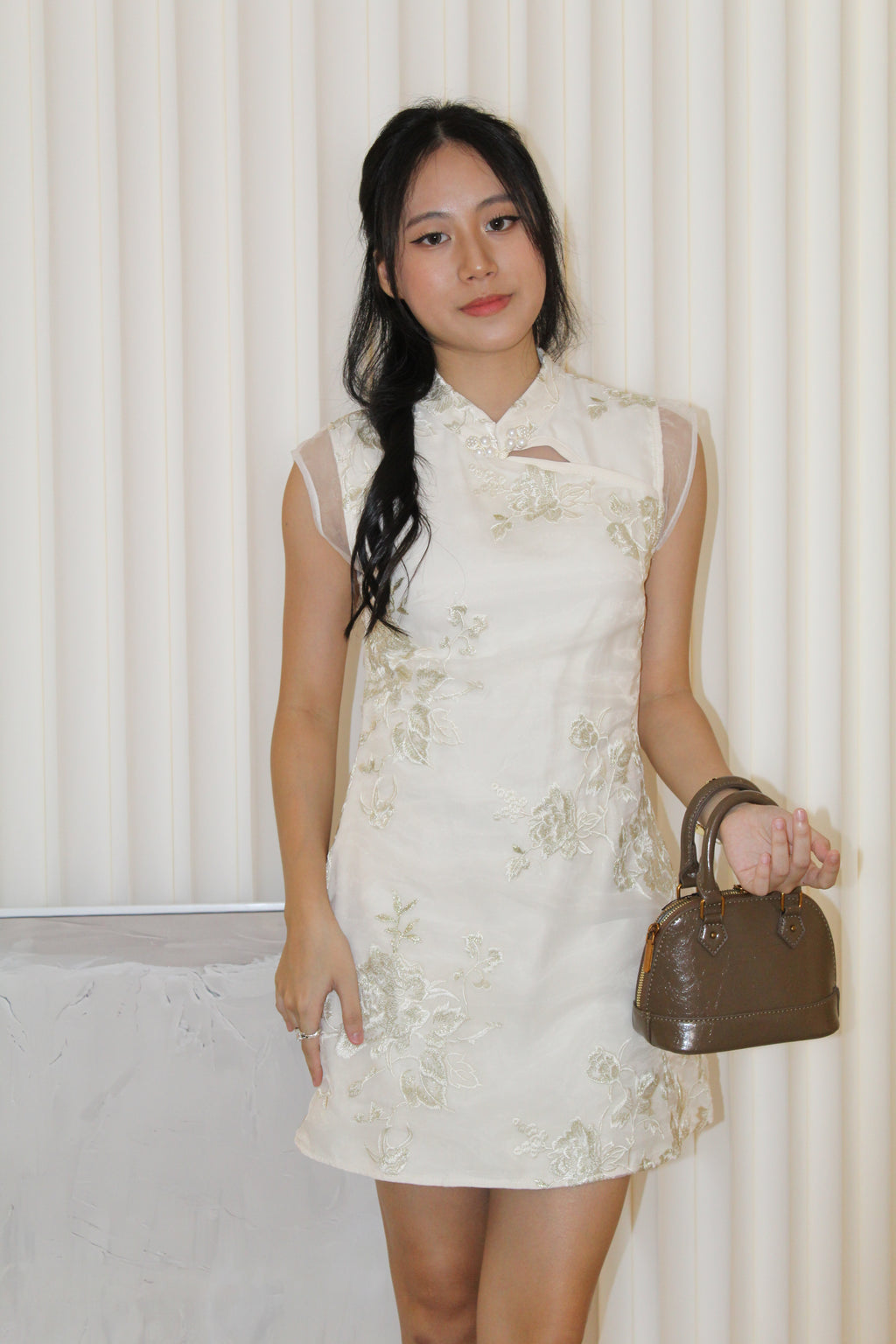 Celeste Embroidered Cheongsam Mini Dress (Cream)