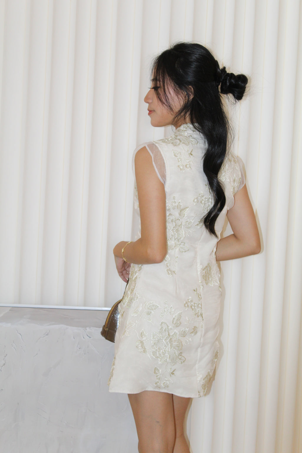 Celeste Embroidered Cheongsam Mini Dress (Cream)