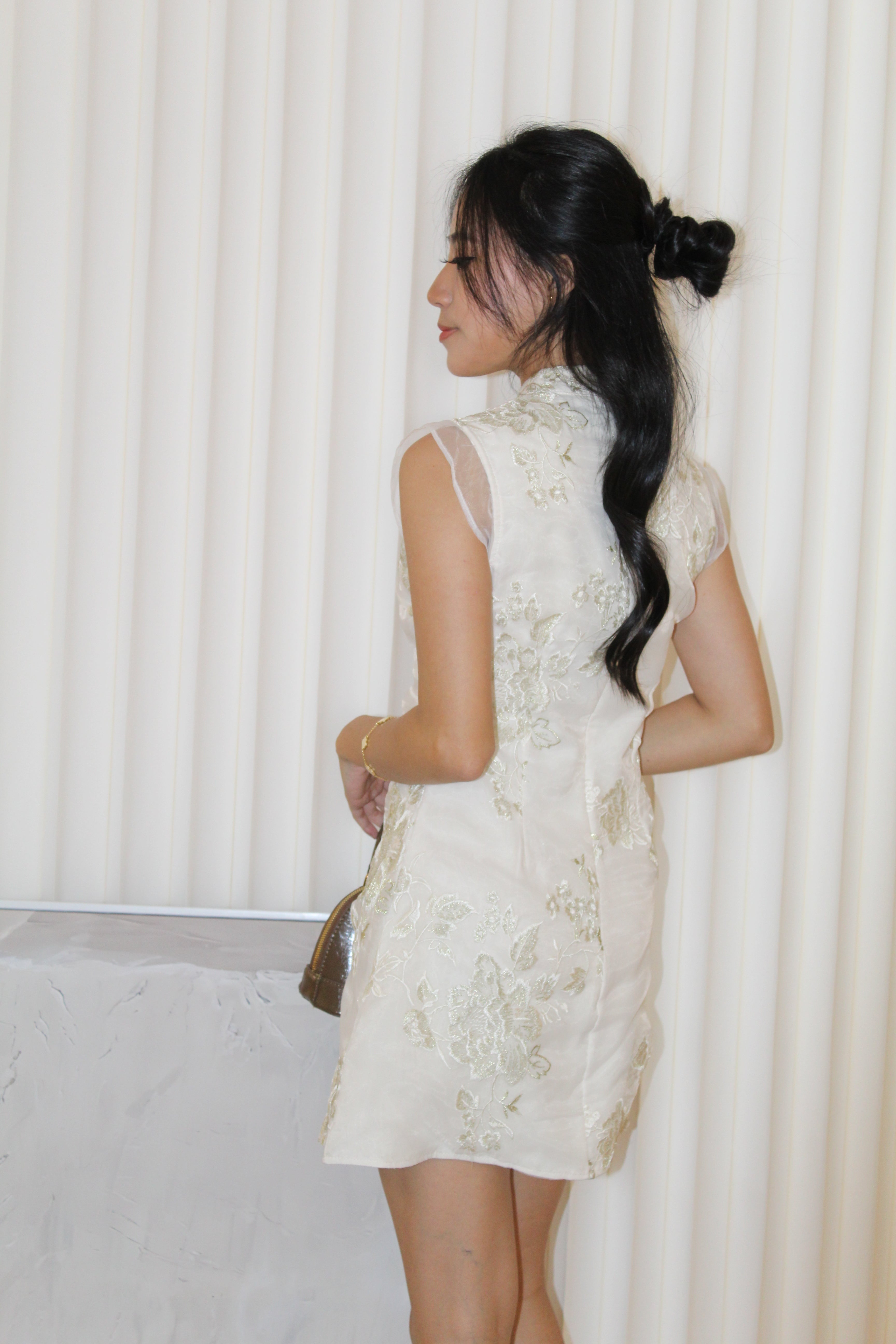 Celeste Embroidered Cheongsam Mini Dress (Cream)