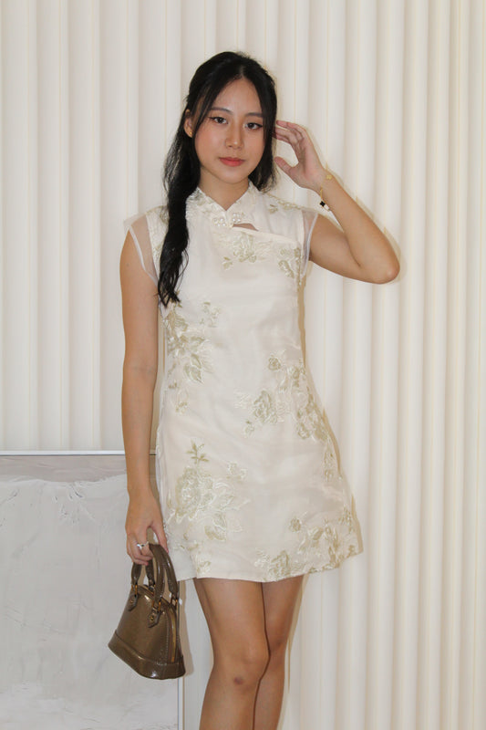 Celeste Embroidered Cheongsam Mini Dress (Cream)