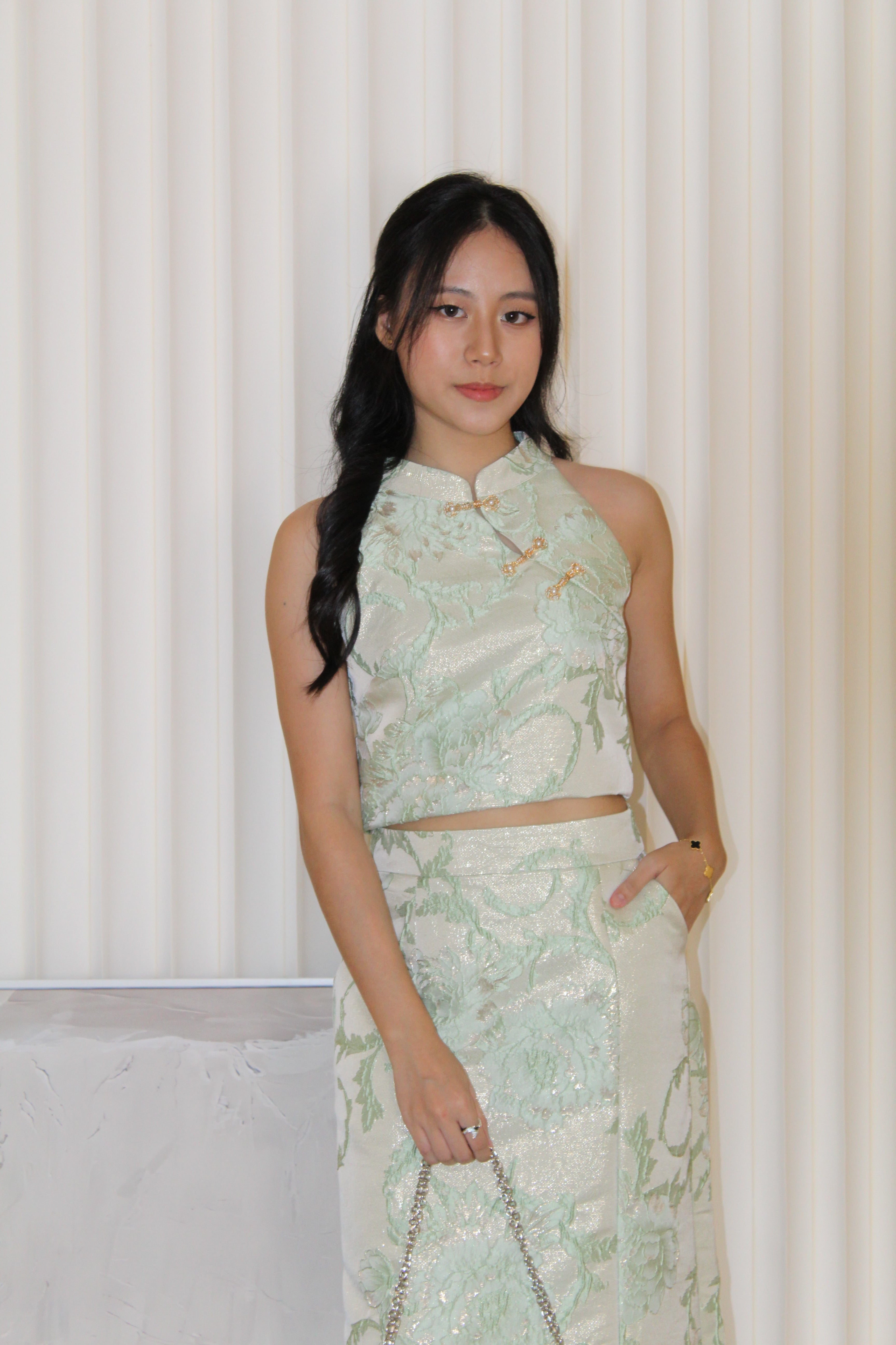 Velissa Jacquard Two Piece Skirt Set (Green)