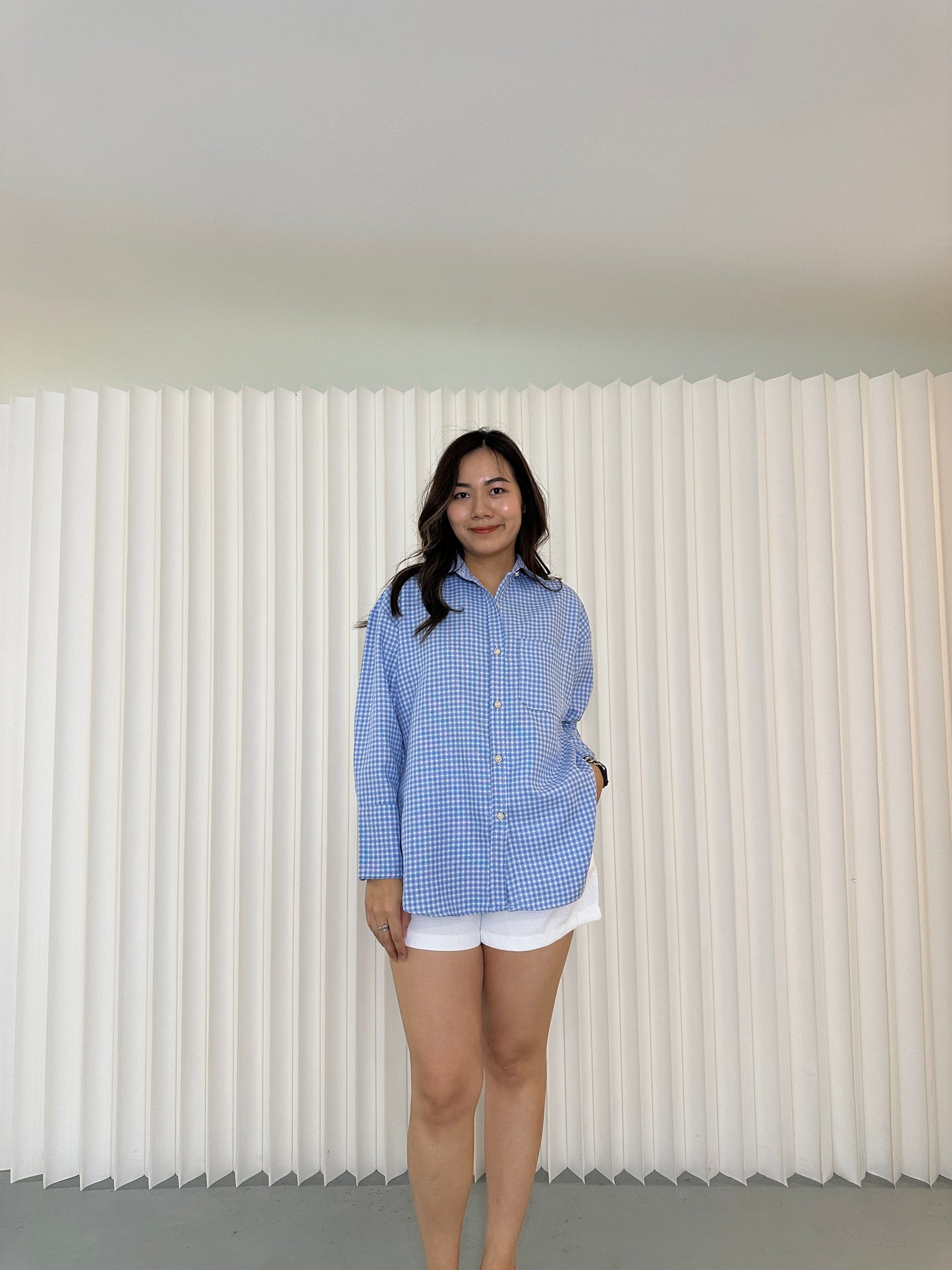 Charlene Checkered Long Sleeve Shirt (Blue)