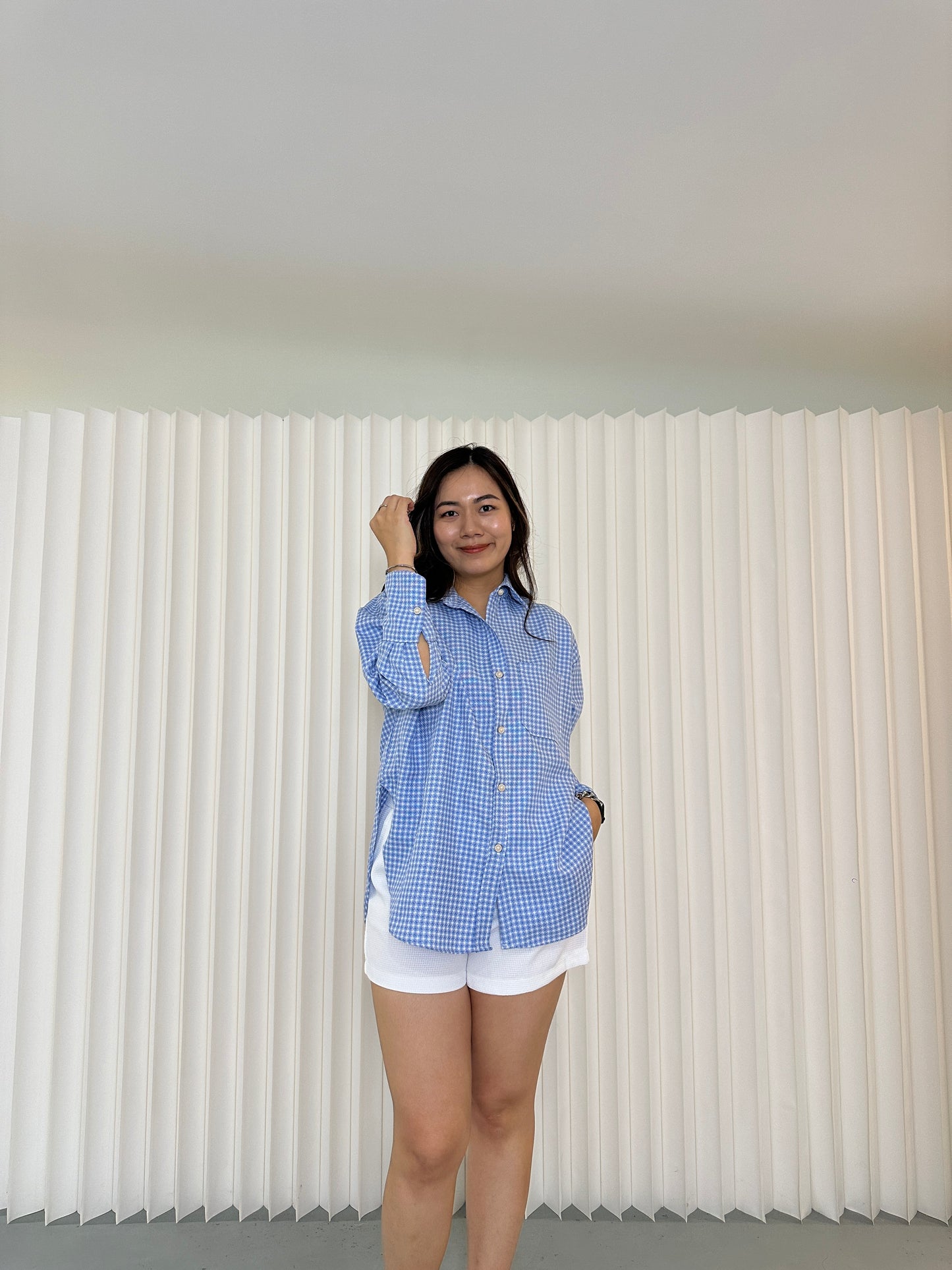 Charlene Checkered Long Sleeve Shirt (Blue)