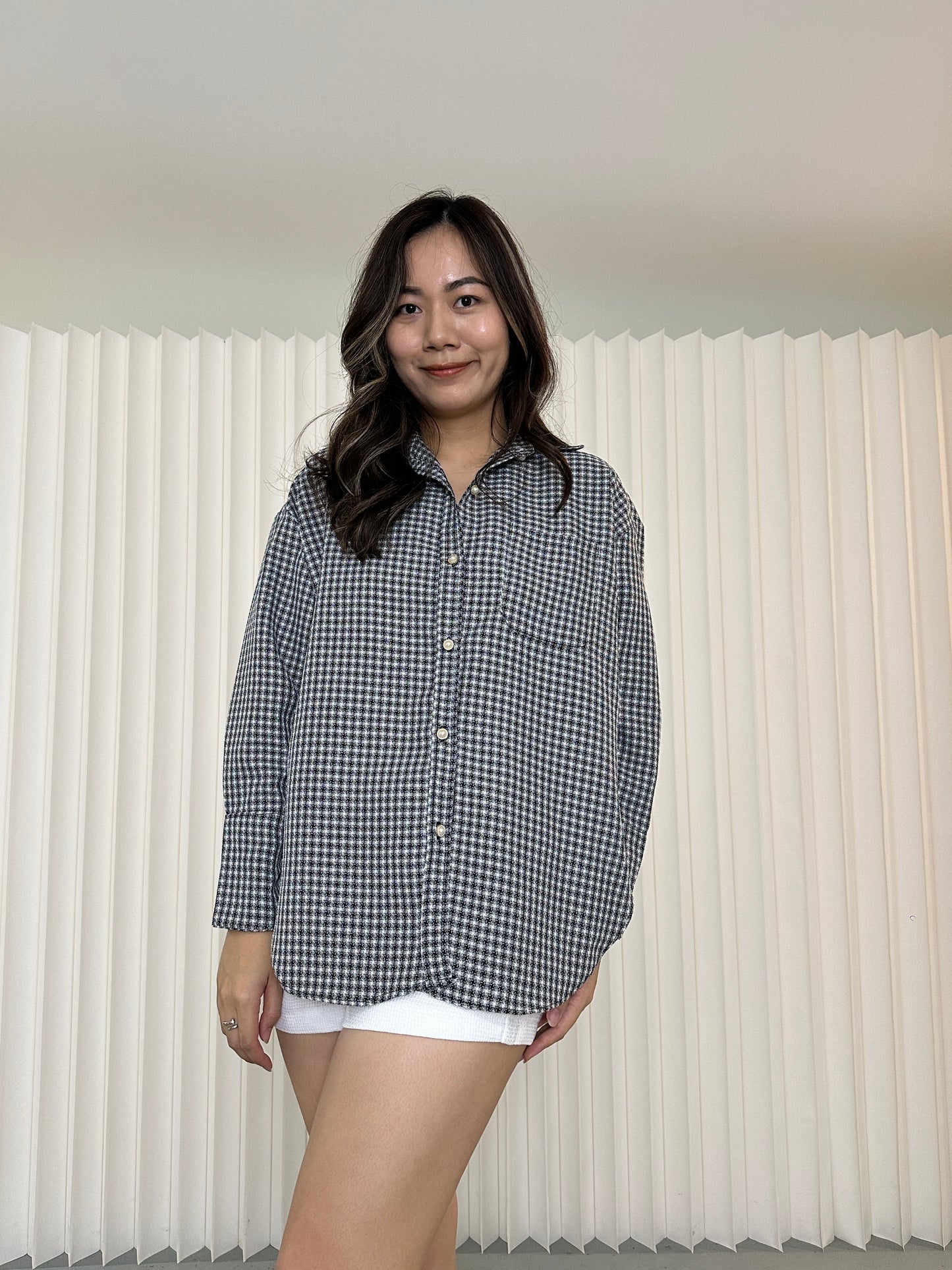 Charlene Checkered Long Sleeve Shirt (Blue)