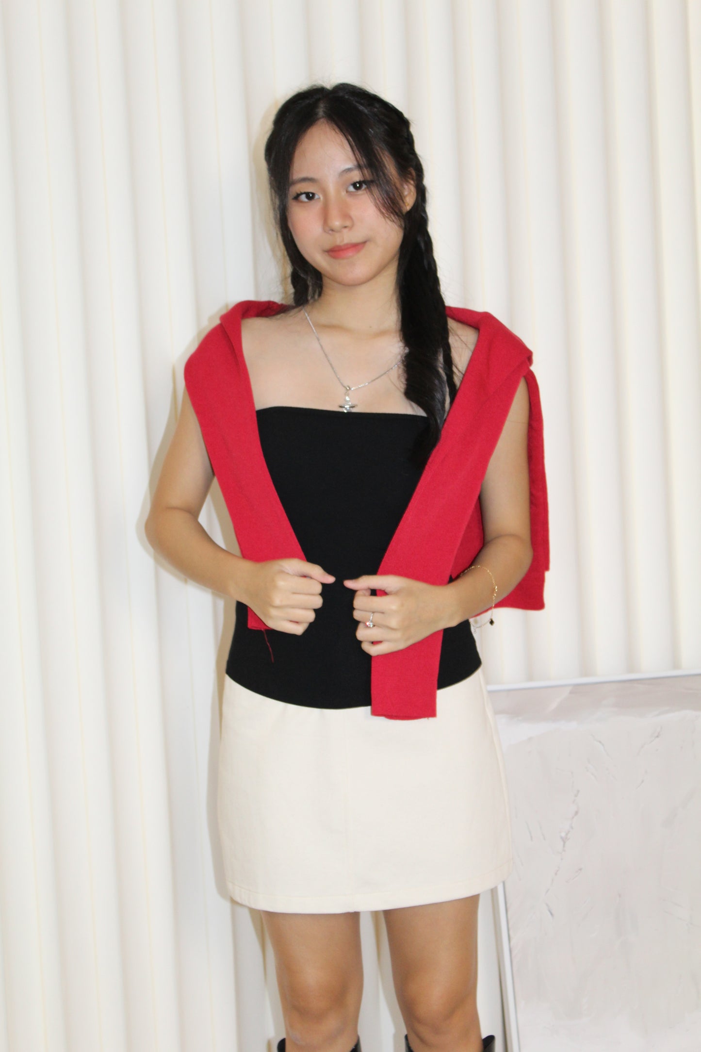 Evon Block Color Hoodie Top (Red)