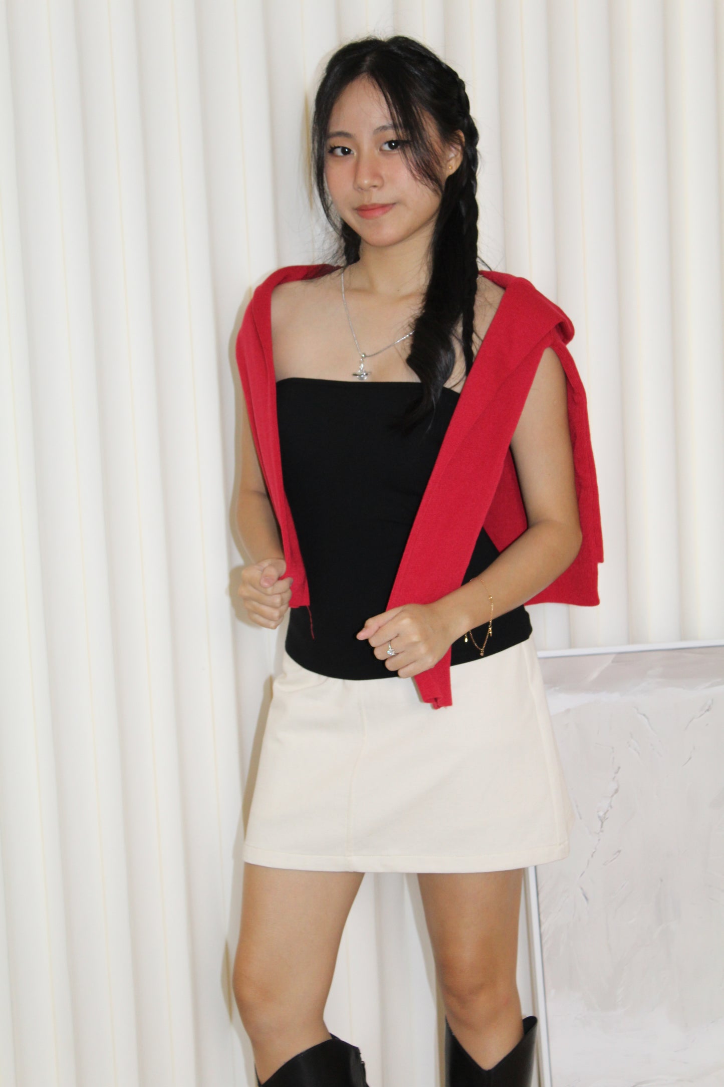 Evon Block Color Hoodie Top (Red)