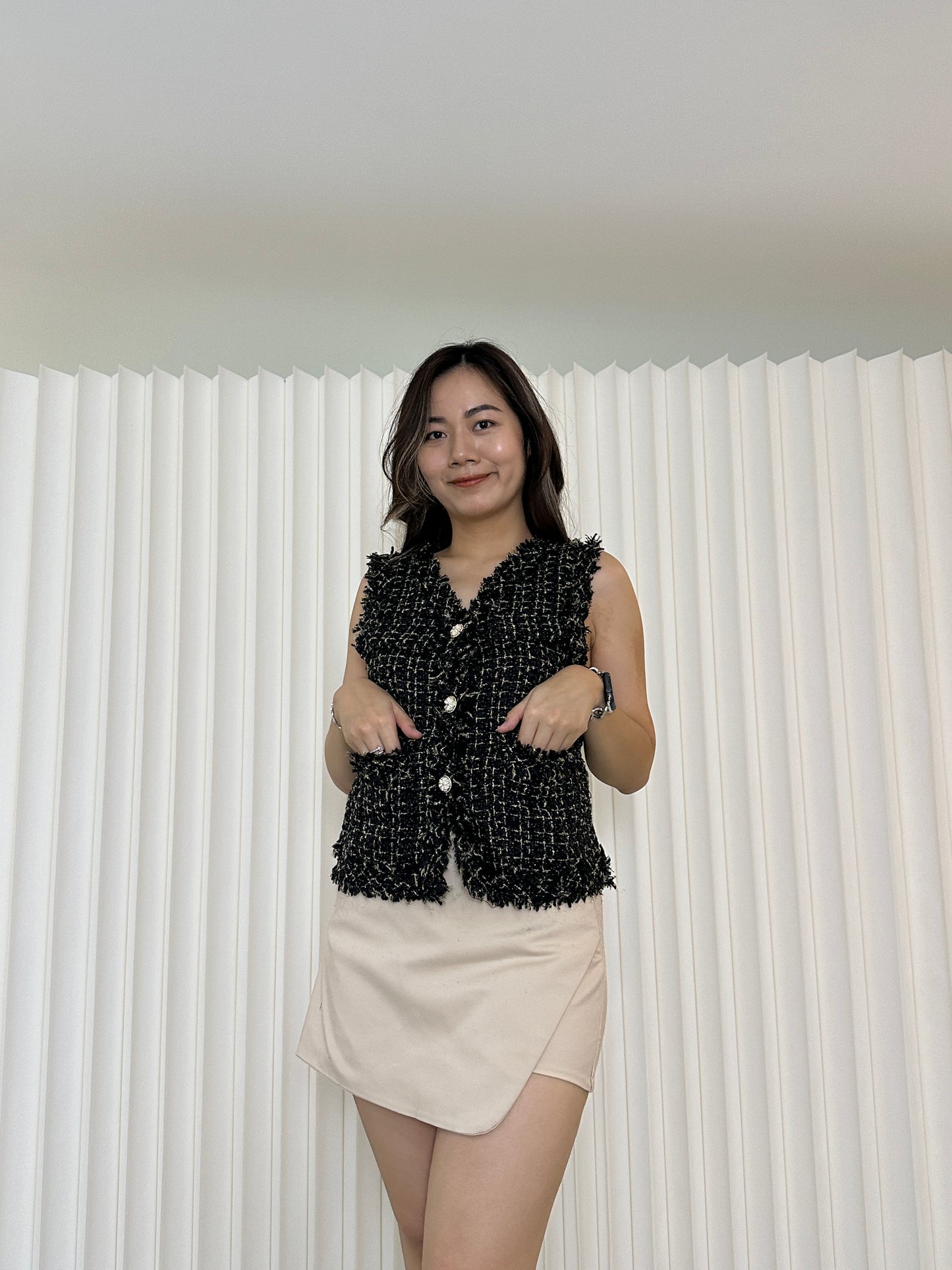 Ava Tweed Waistcoat Top (Black)