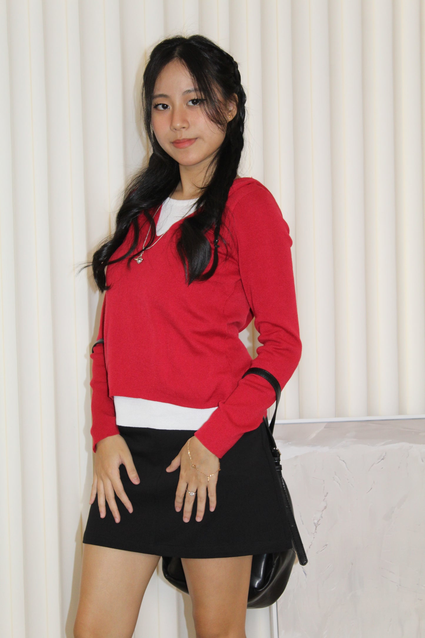 Evon Block Color Hoodie Top (Red)