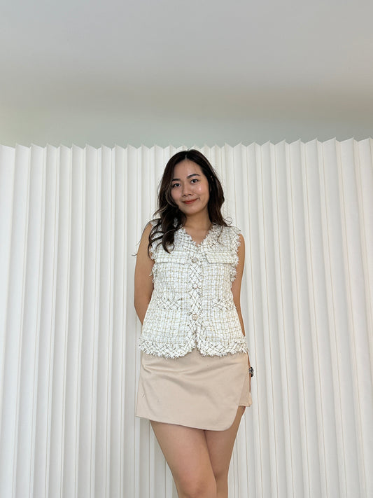 Ava Tweed Waistcoat Top (White)