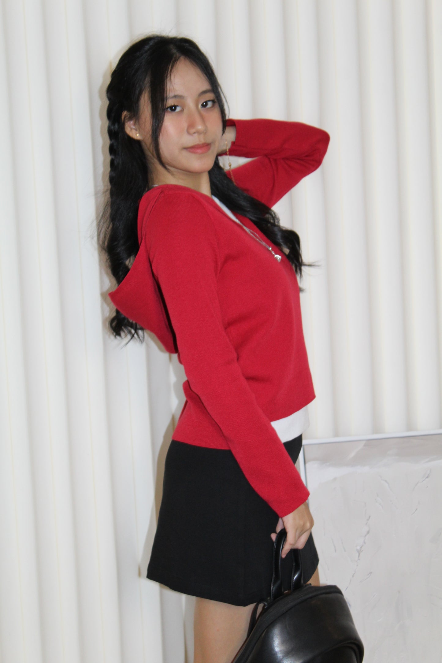 Evon Block Color Hoodie Top (Red)