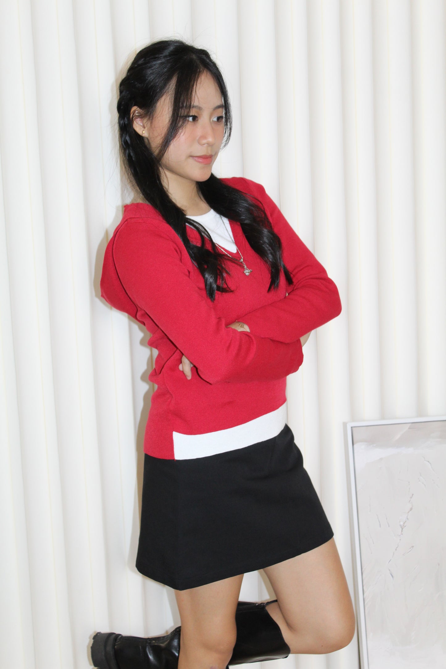 Evon Block Color Hoodie Top (Red)