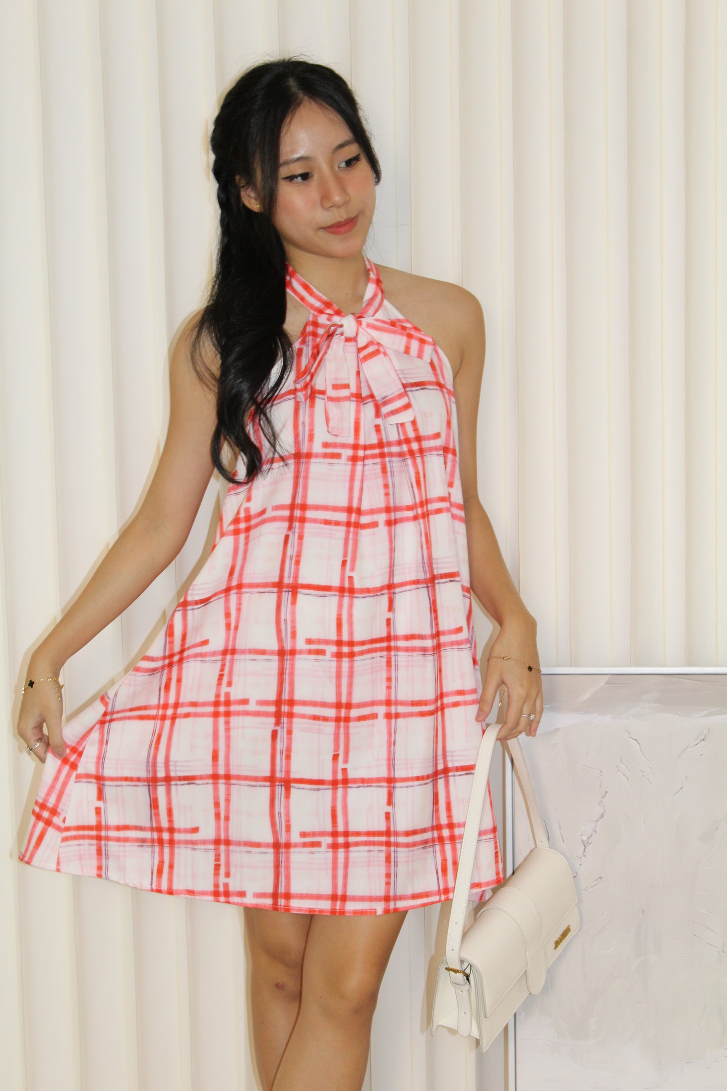 Gemma Checked Halter Mini Dress (Red)