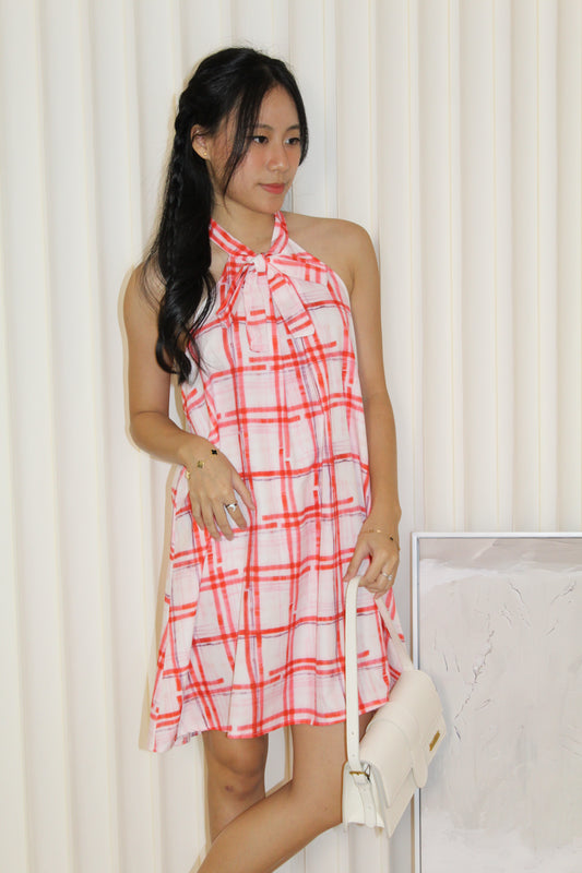 Gemma Checked Halter Mini Dress (Red)