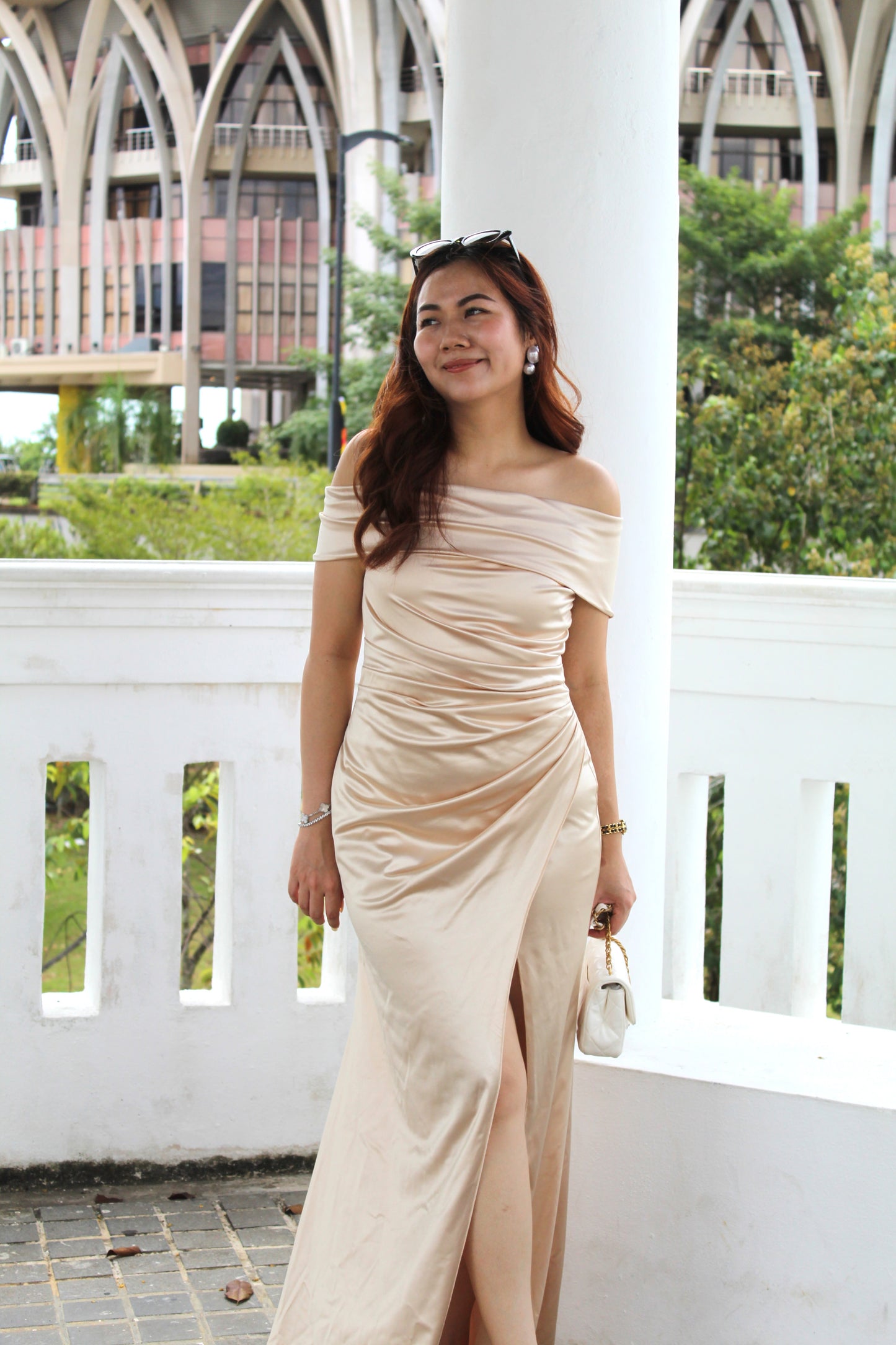 Heidi Off Shoulder Maxi Dress (Champagne)