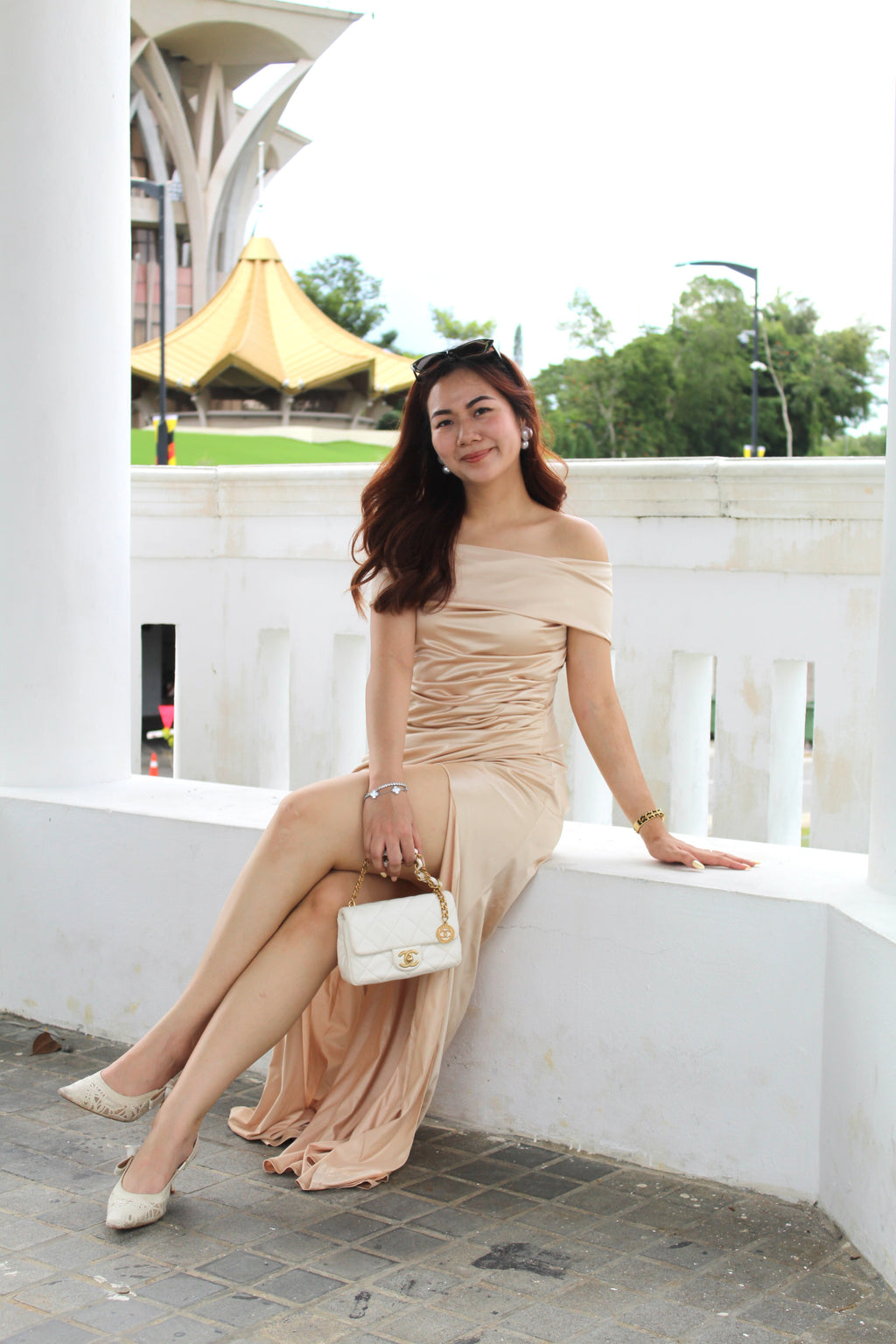 Heidi Off Shoulder Maxi Dress (Champagne)