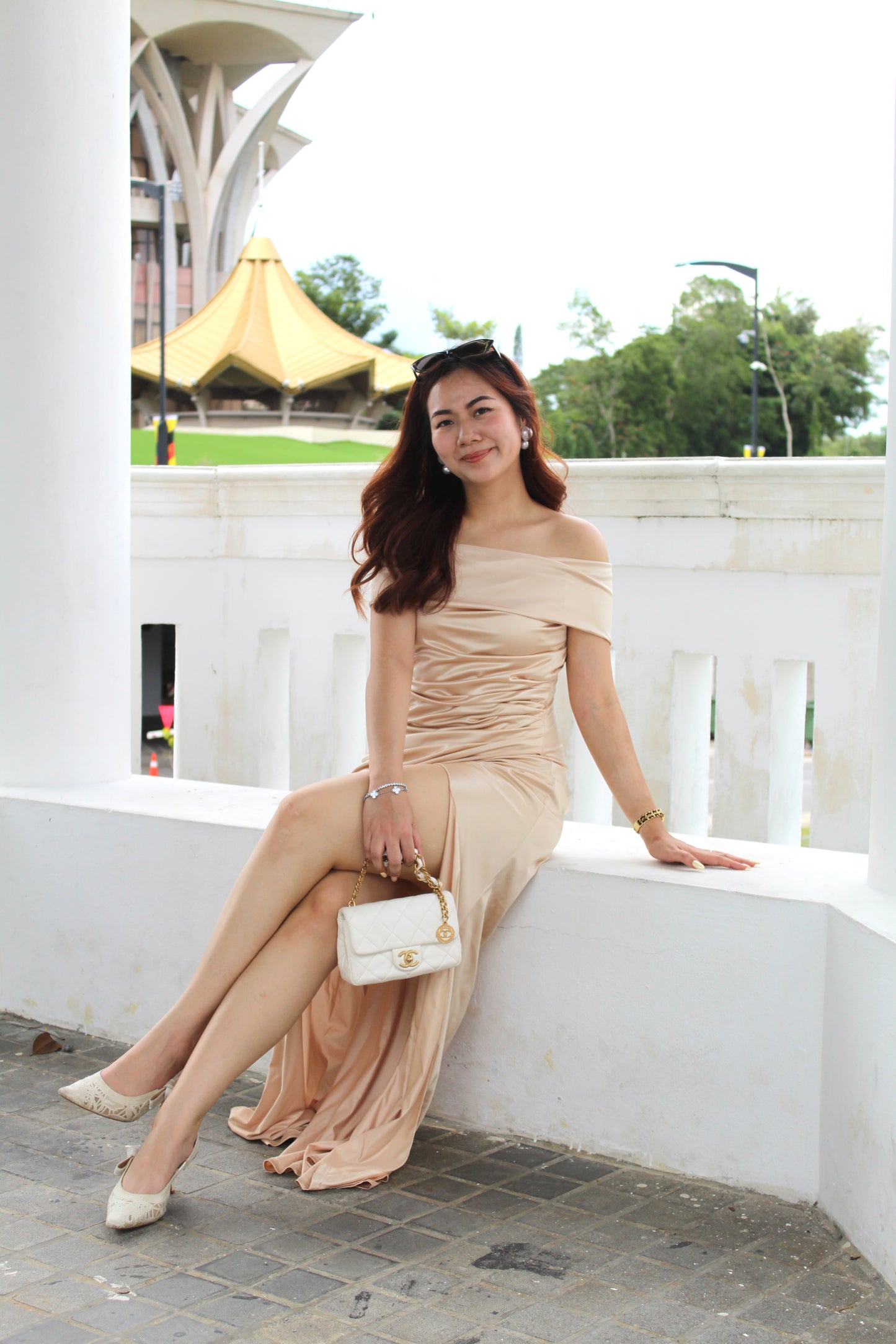 Heidi Off Shoulder Maxi Dress (Champagne)